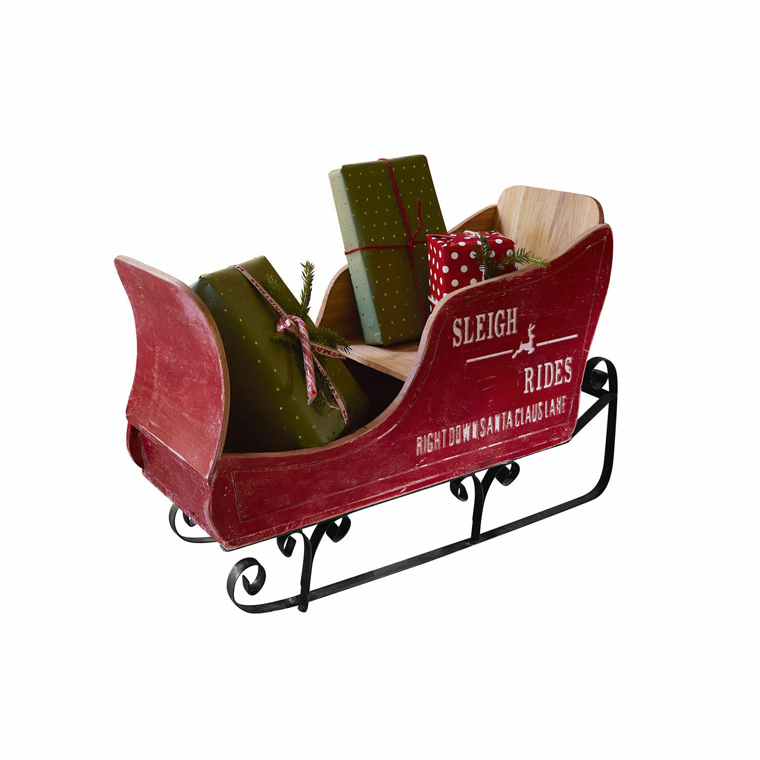 Decoratieve slee Maélys Rode houten slee met metalen runners en cadeaus in groen en rood cadeaupapier met stippen