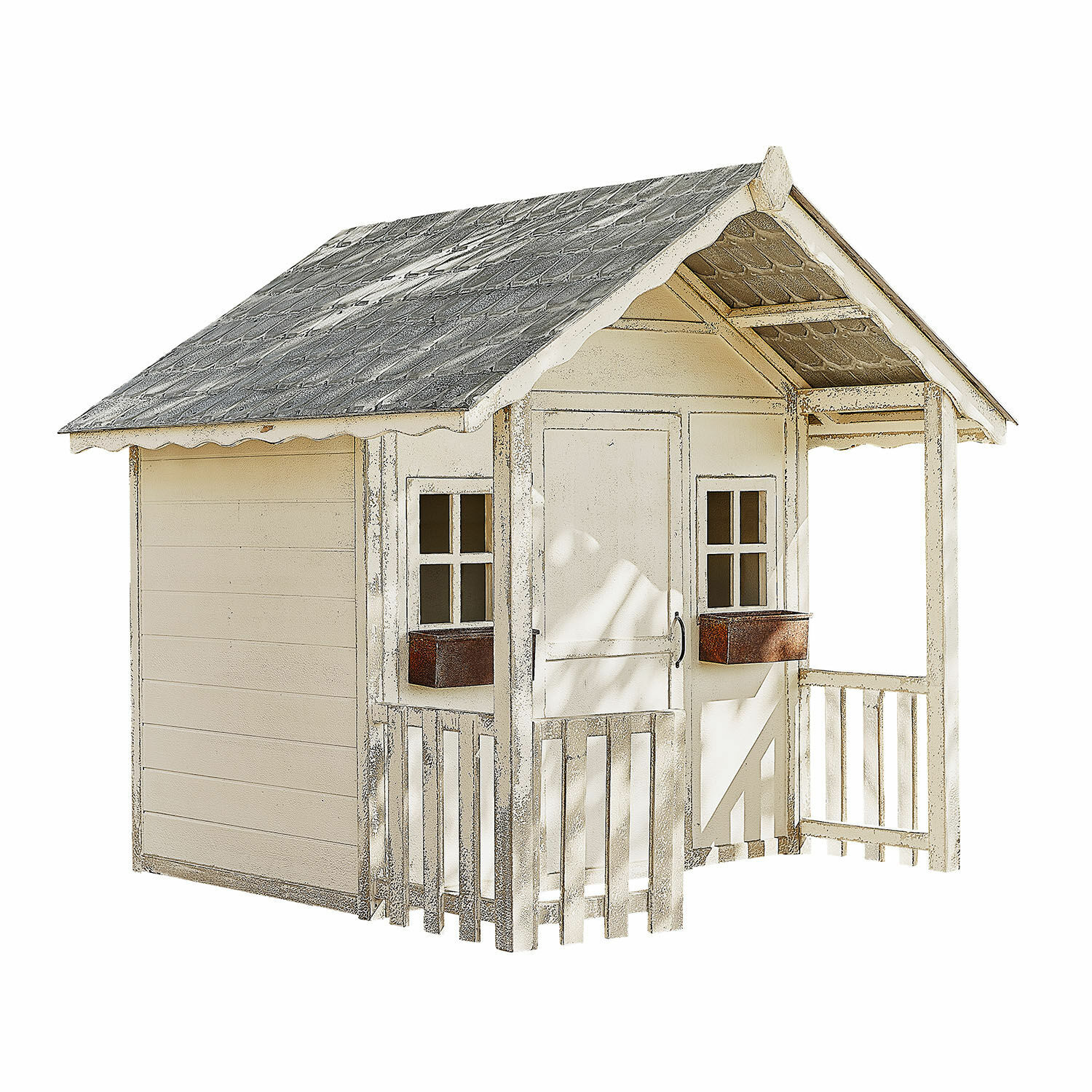 Speelhuisje Pouponnet Houten tuinhuisje in crèmekleur met grijs dak en klein balkon met balustrade