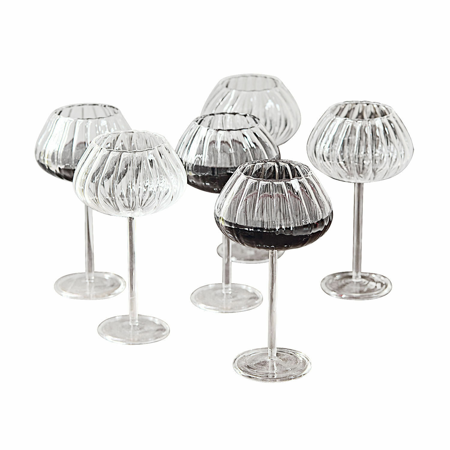 Wijnglas set van 6 Minou Set van zes transparante geribbelde wijnglazen van glas, elegant ontwerp voor thuis