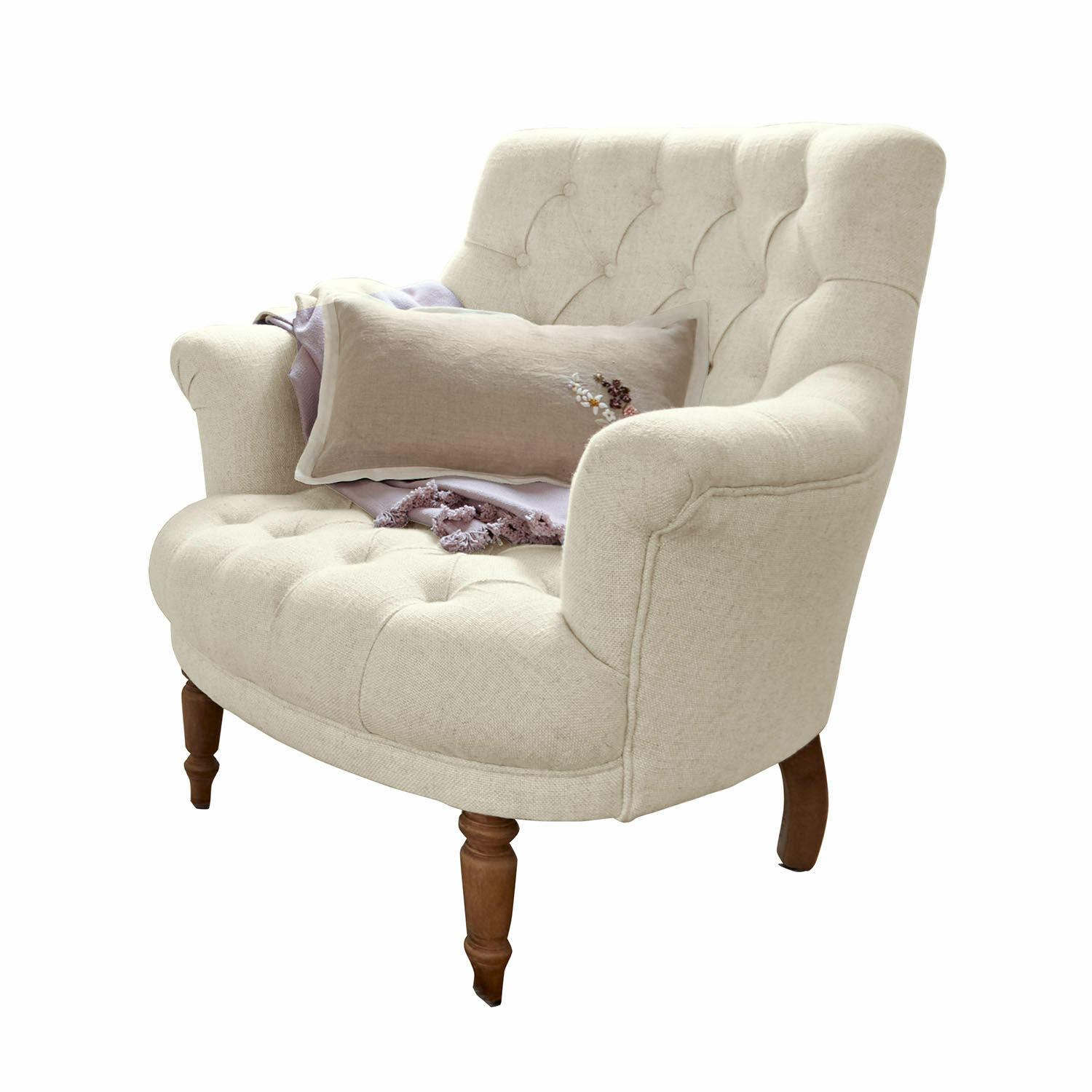 Fauteuil Rive Dorée Beige gestoffeerde fauteuil met houten poten en decoratief kussen, comfortabele woonkamermeubel