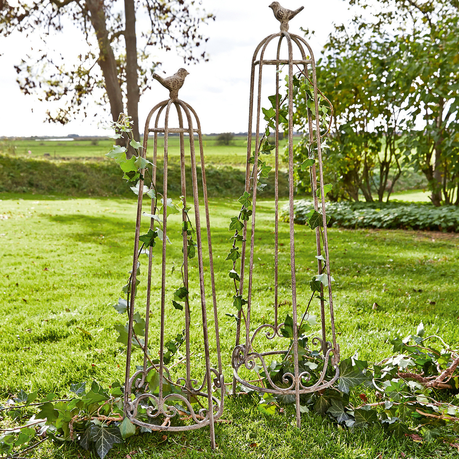 Rankengeleider set van 2 Orianne Decoratieve metalen tuinobelisken met vogelornamenten in roestkleur voor klimplanten
