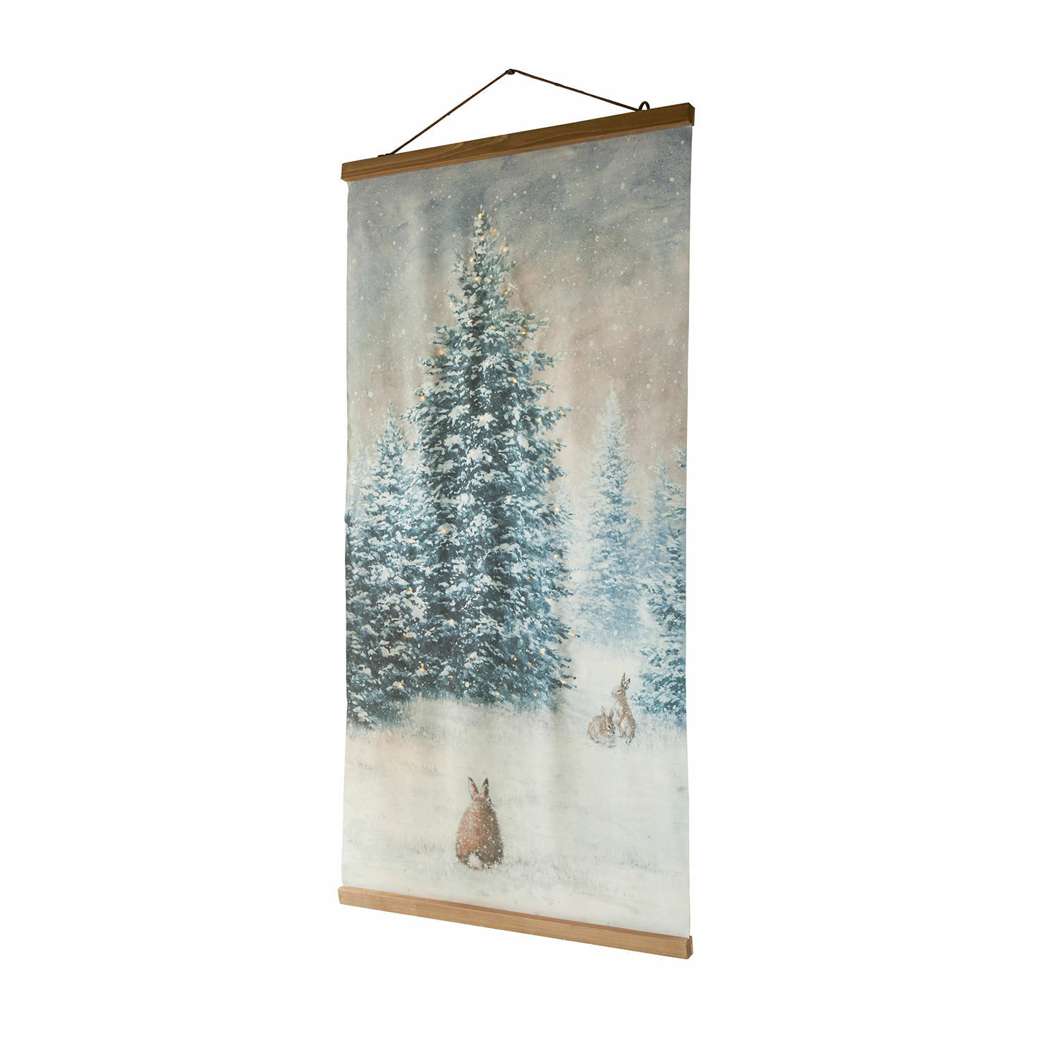 Afbeelding met ledlampjes Orpique Hangend doek met winters tafereel van besneeuwde bomen en hazen met houten lijst