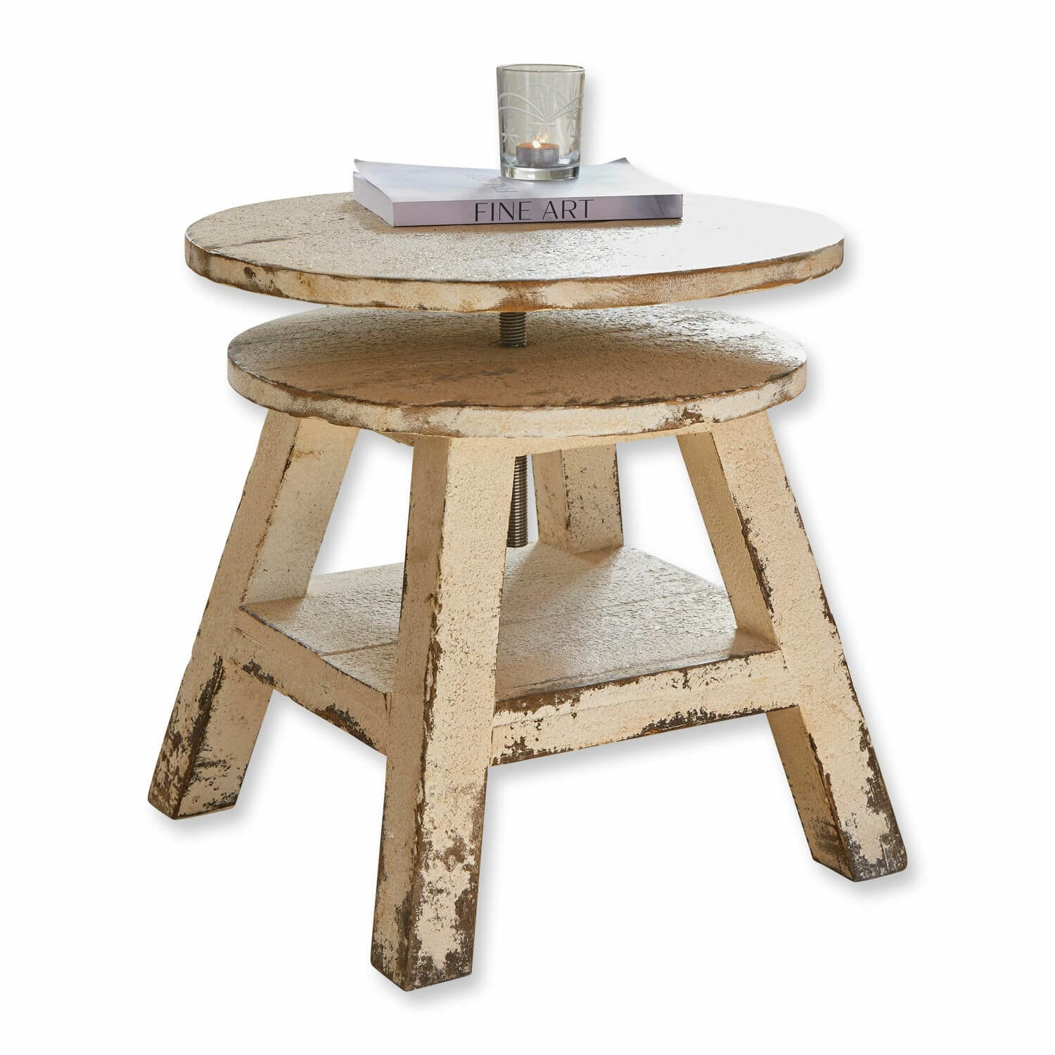 Bijzettafel Commeren Ronde, in hoogte verstelbare bijzettafel van beige metaal met verouderde look voor woonkamer