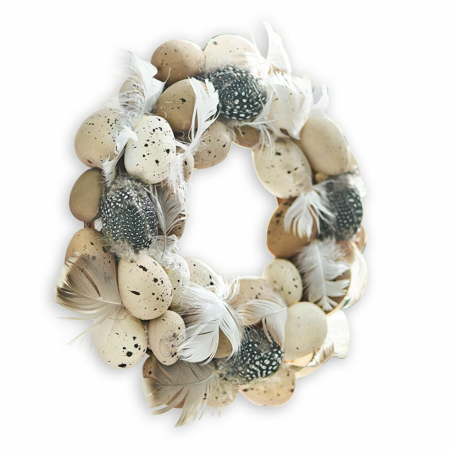 Eierkrans Harera Decoratieve krans met beige en zwarte veren en nep-eieren, natuurlijke lentestijl