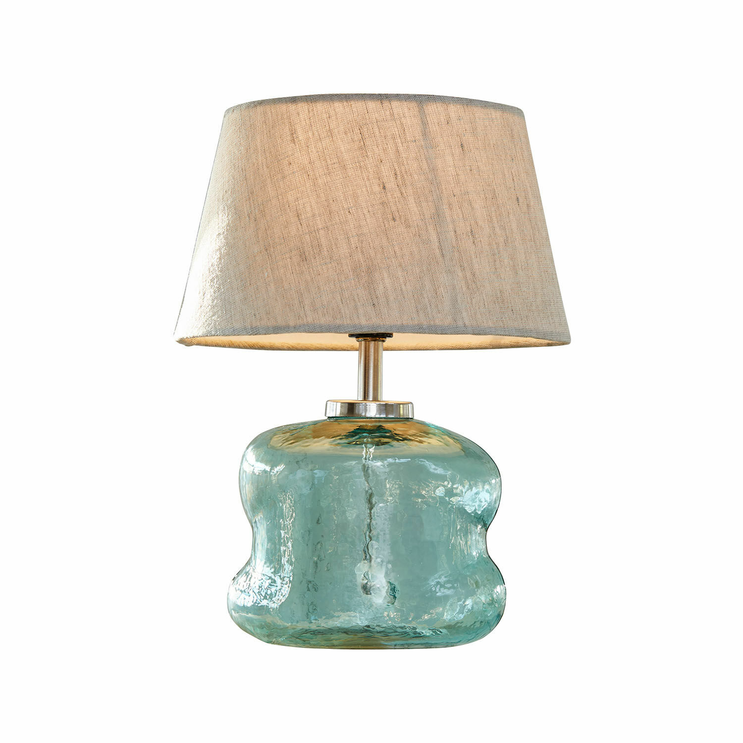 Tafellamp Rufino van blauw glas met beige kap, decoratieve verlichting voor woonkamer