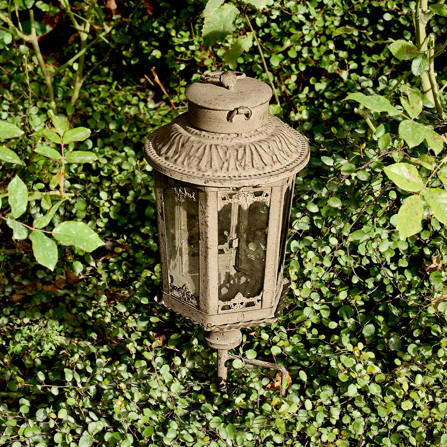 Ledlantaarn Quendira Beige metalen tuinlantaarn met glas, buitendecoratie tussen groen blad