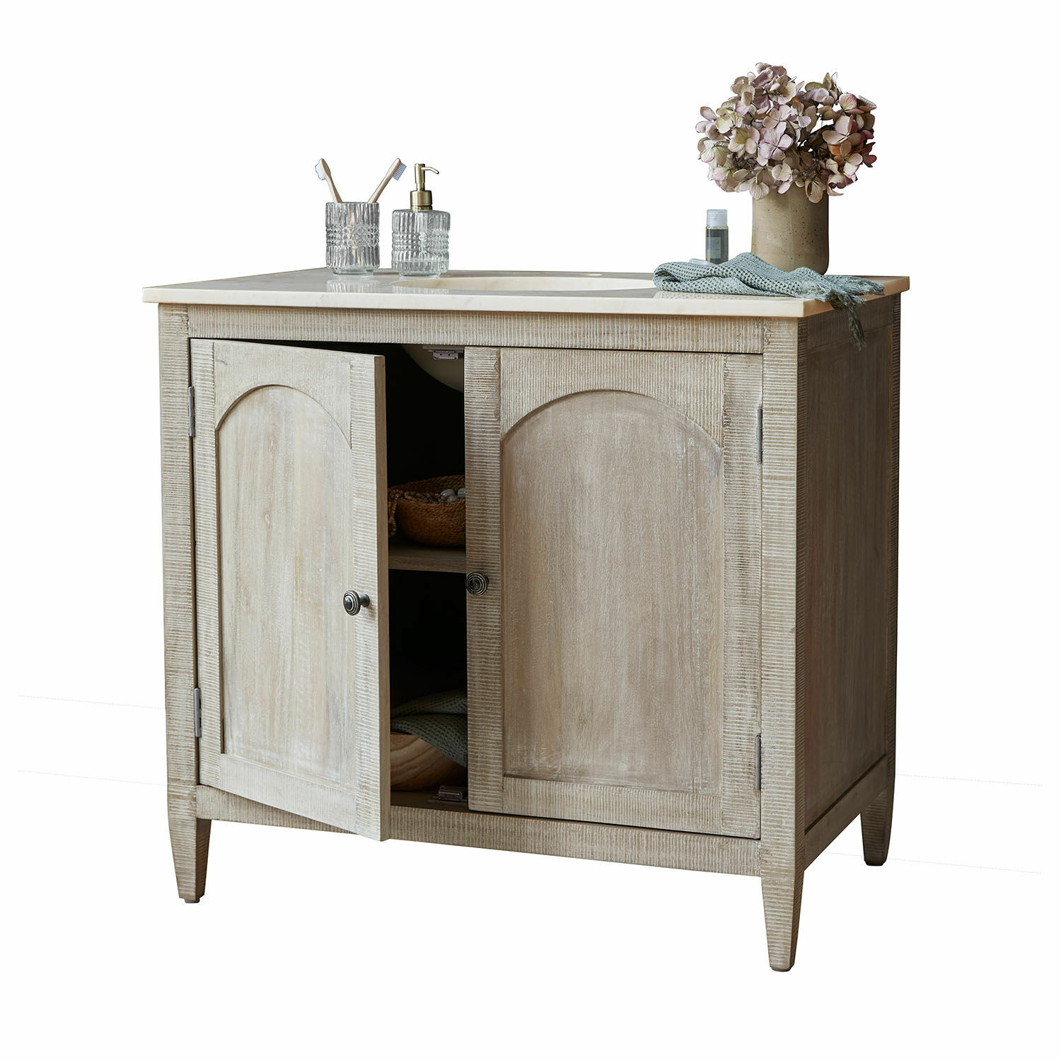 Wastafelmeubel Strathmere Badmeubel van natuurlijk hout met marmeren blad en bloemendecoratie