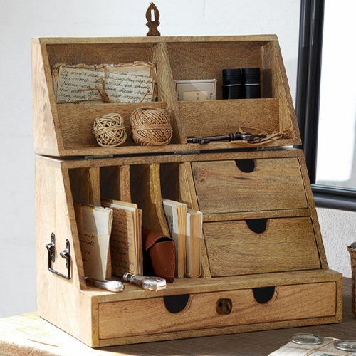 Houten opbergdoos met vakken en laden voor documenten en bureauaccessoires