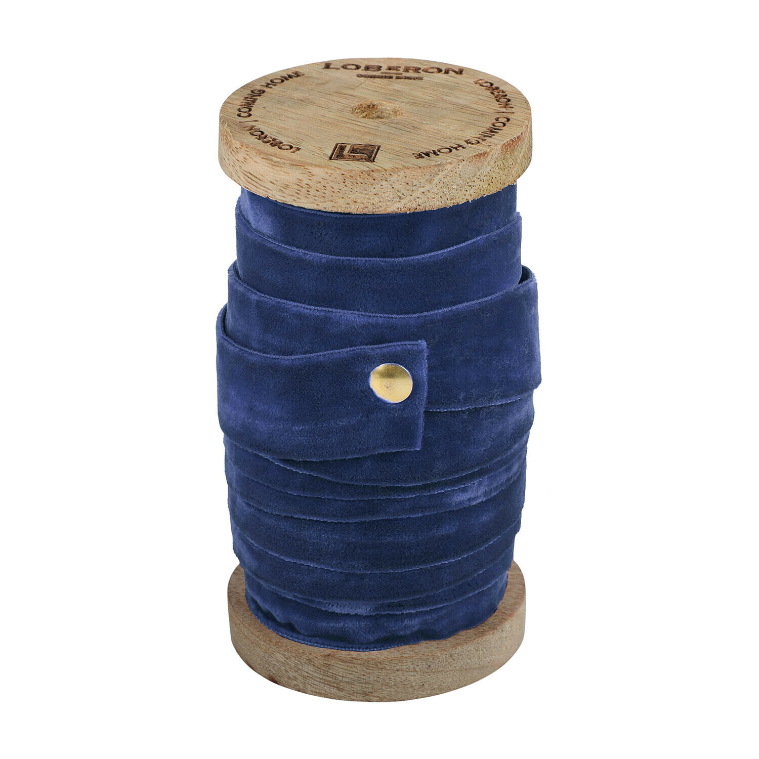 Donkerblauwe fluwelen lint op houten spoel voor decoratie en handwerk