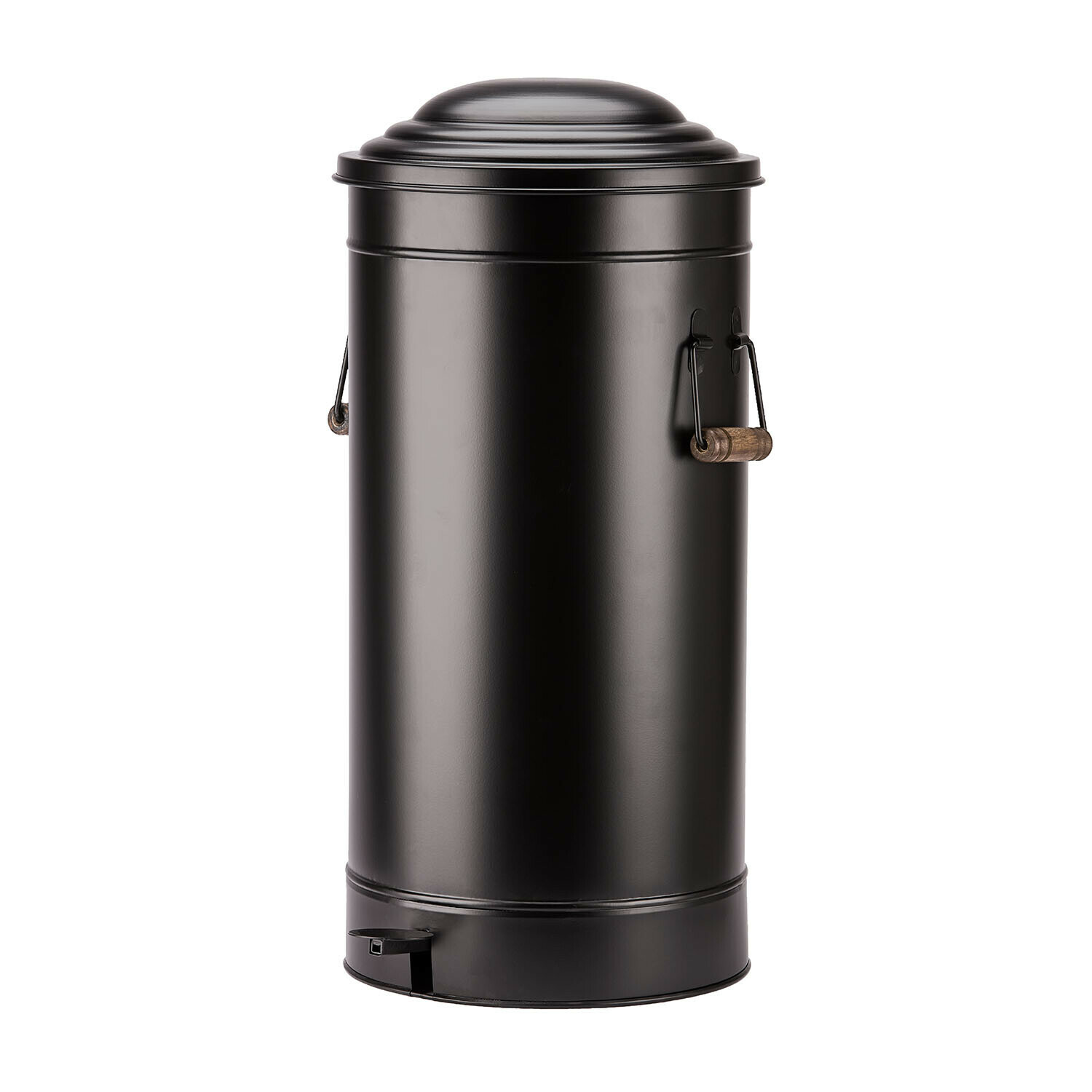 Zwarte metalen prullenbak met pedaal en houten handvatten, praktisch voor thuisgebruik