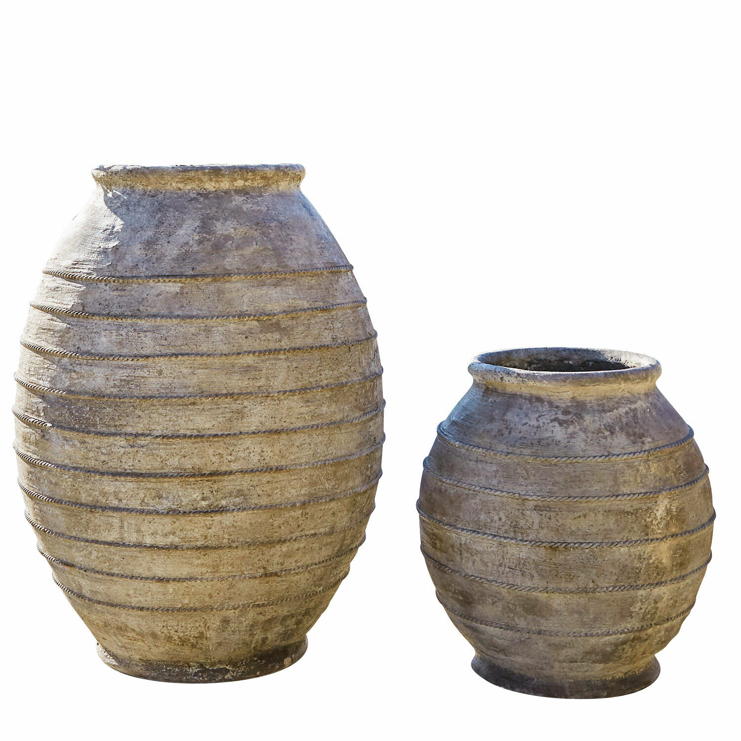 Sierpot set van 2 Aulan Twee grote grijze keramische vazen met decoratieve horizontale banden, tuindecoratie
