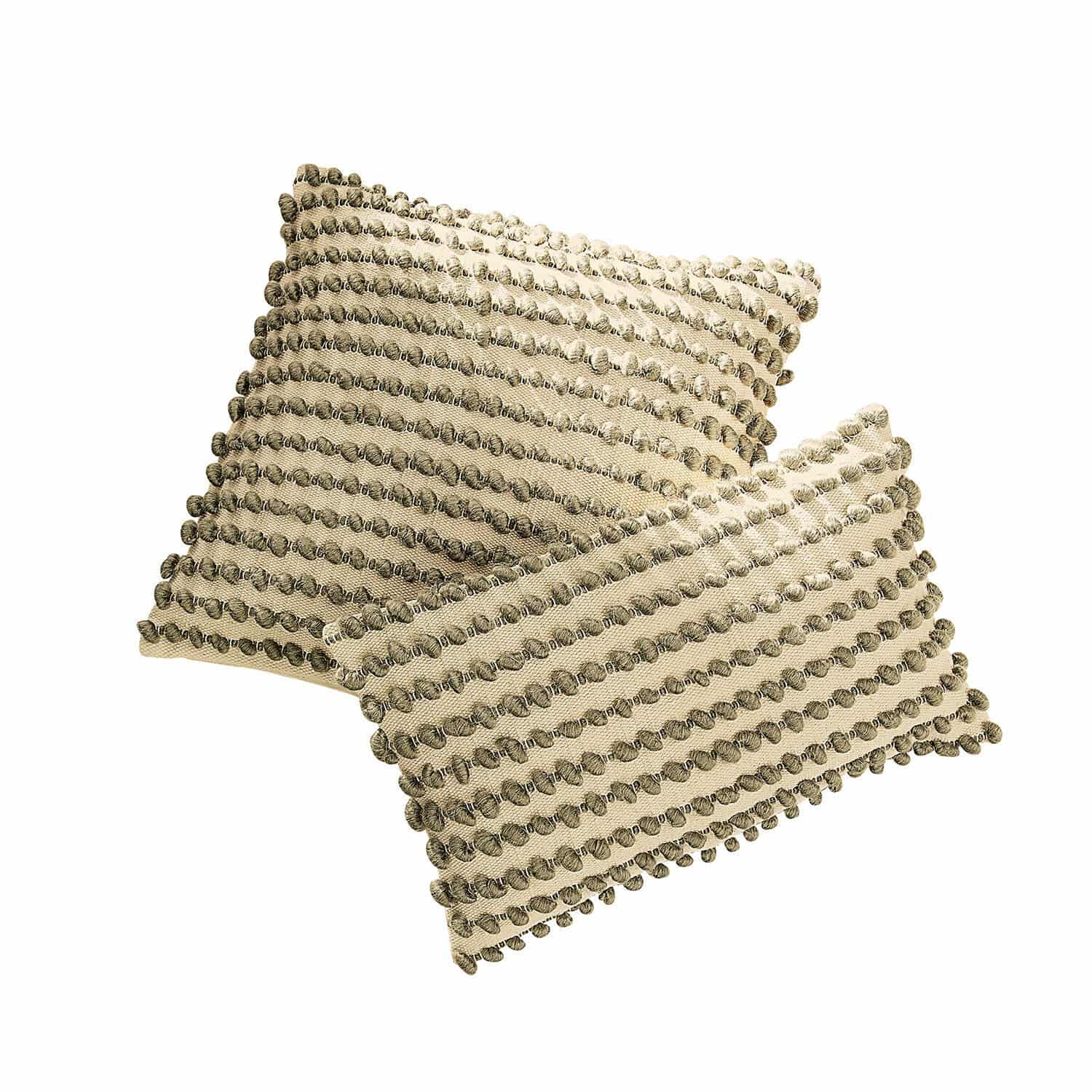 Beige katoenen sierkussen met pompons, stijlvolle woonaccessoire voor binnen