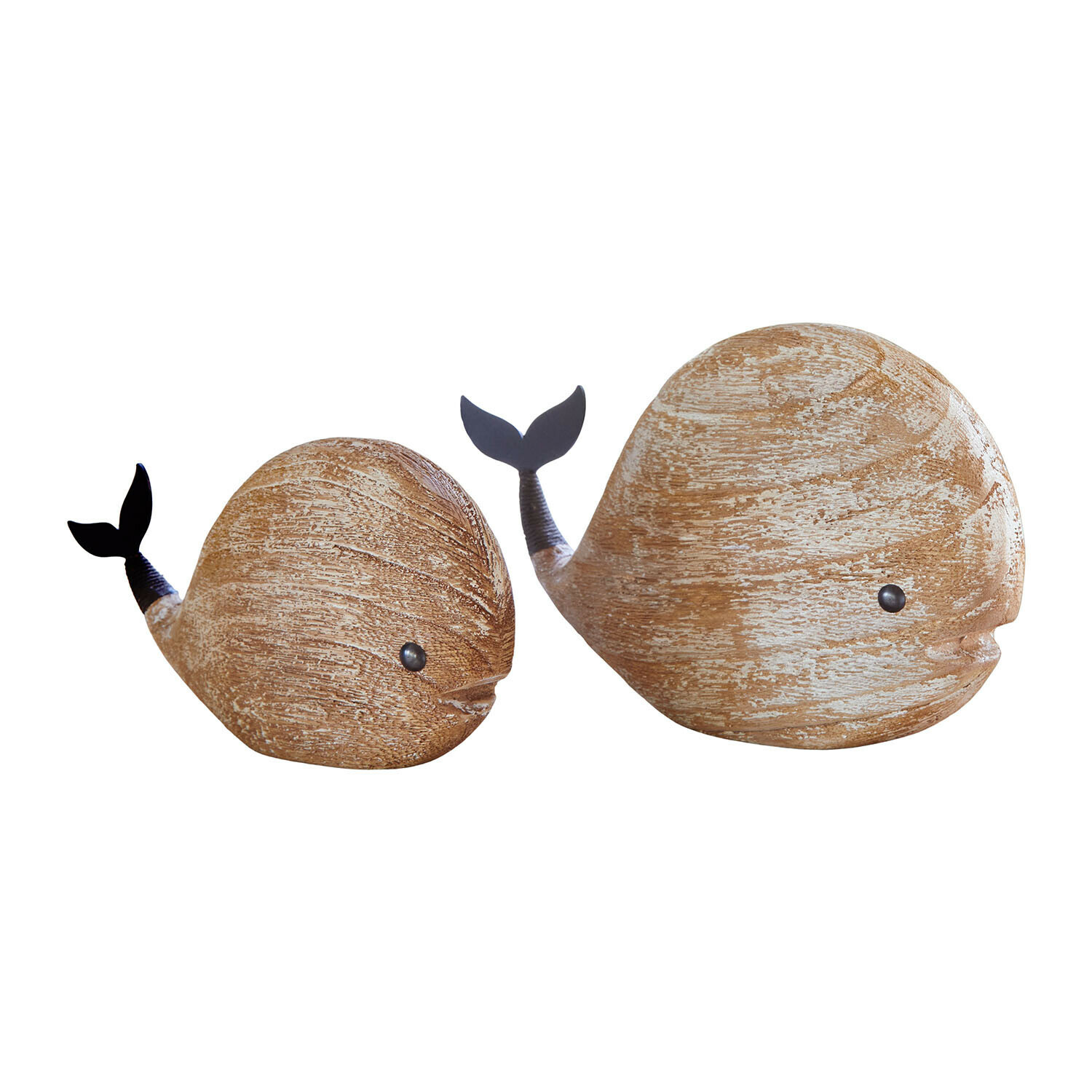 Houten walvisdecoraties in twee maten met zwarte staarten, natuurlijke houtkleur