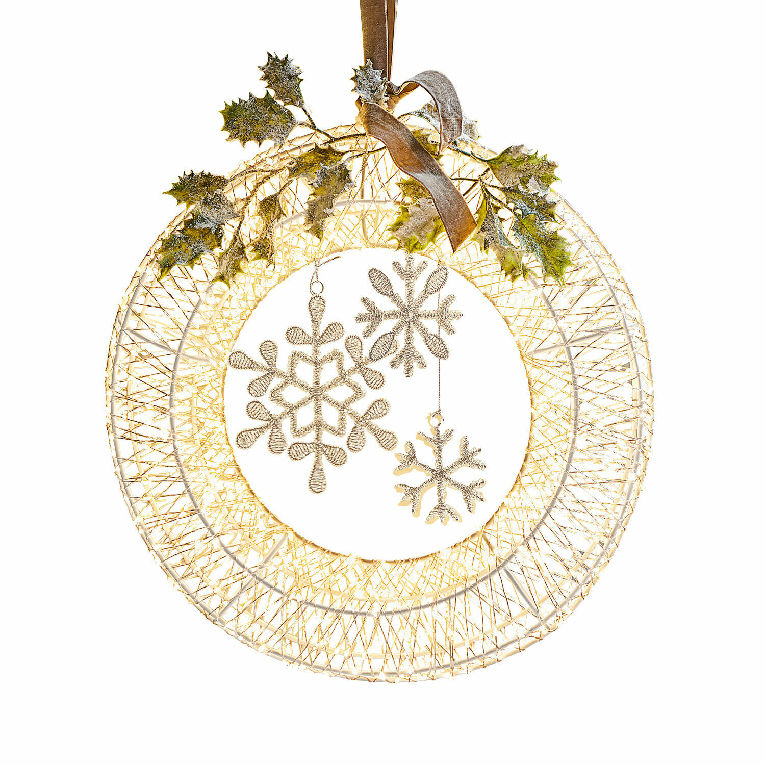Ledkrans Winsloe Kerstkrans van gouden metalen gaas met sneeuwvlok- en hulstbladeren decoratie voor feestelijke sfeer
