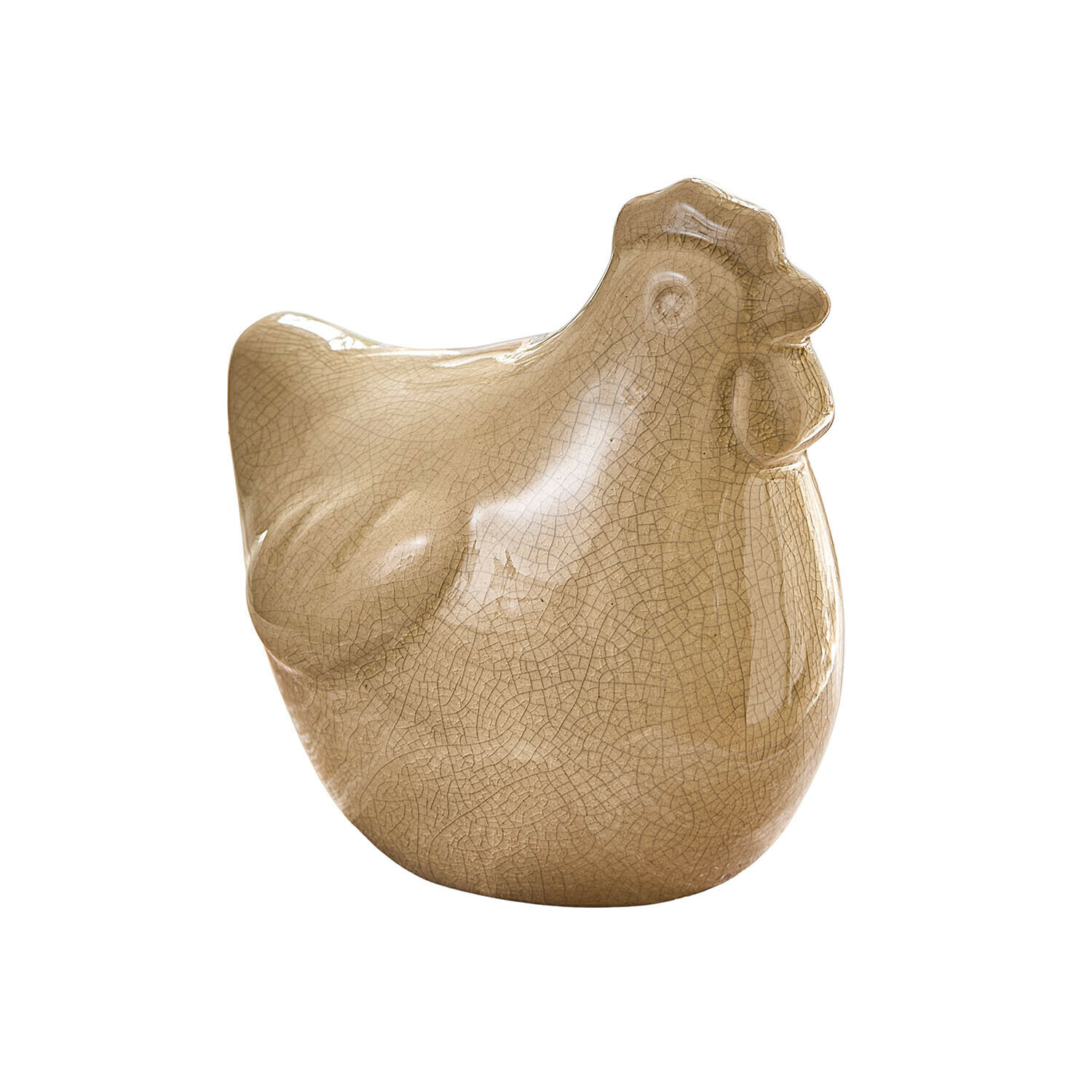 Beige keramieken kippenfiguur met fijne craquelé glazuur, decoratie voor huis en tuin
