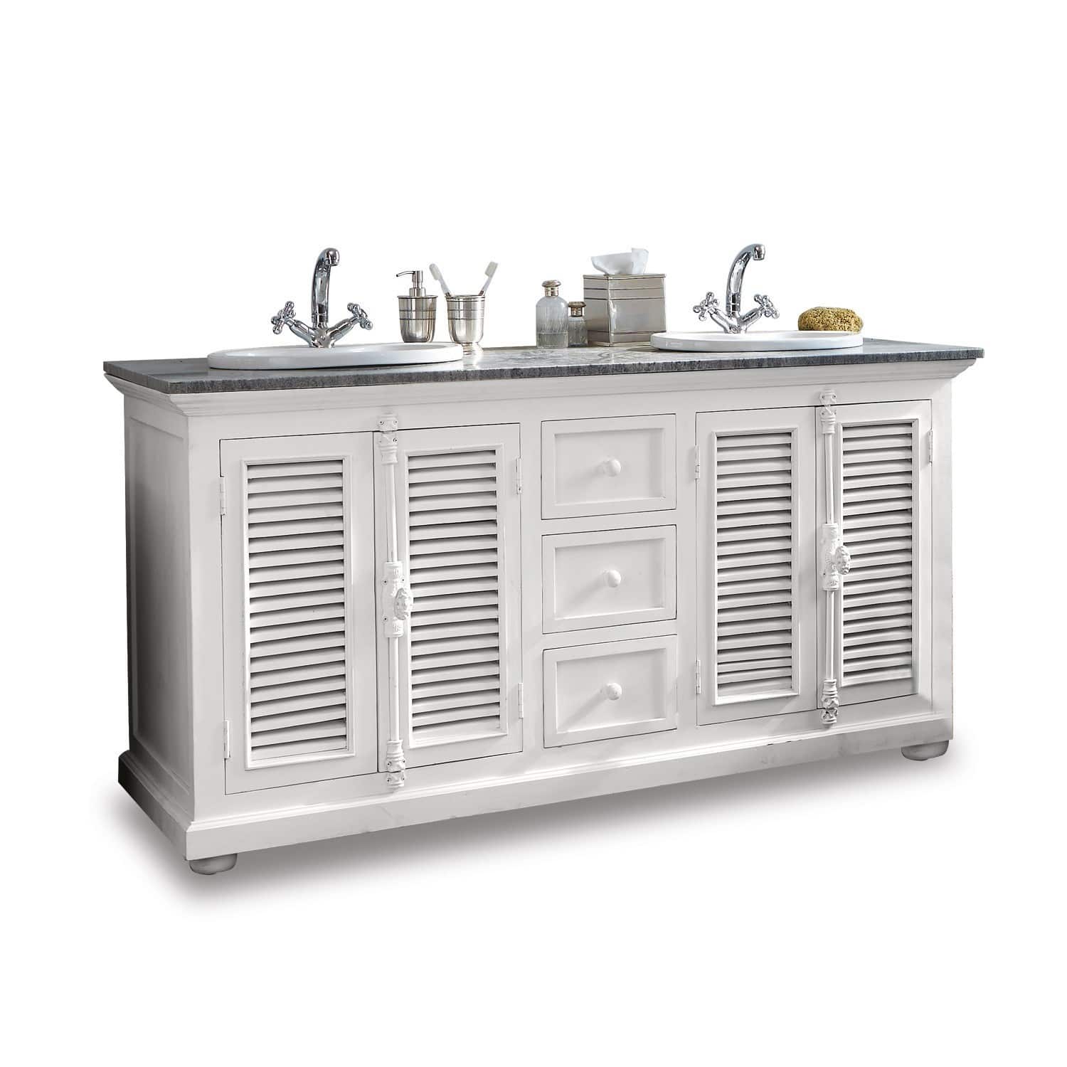 Dubbele wastafel South Paris Witte houten badkamerkast met dubbele wastafel en lades voor badkameraccessoires