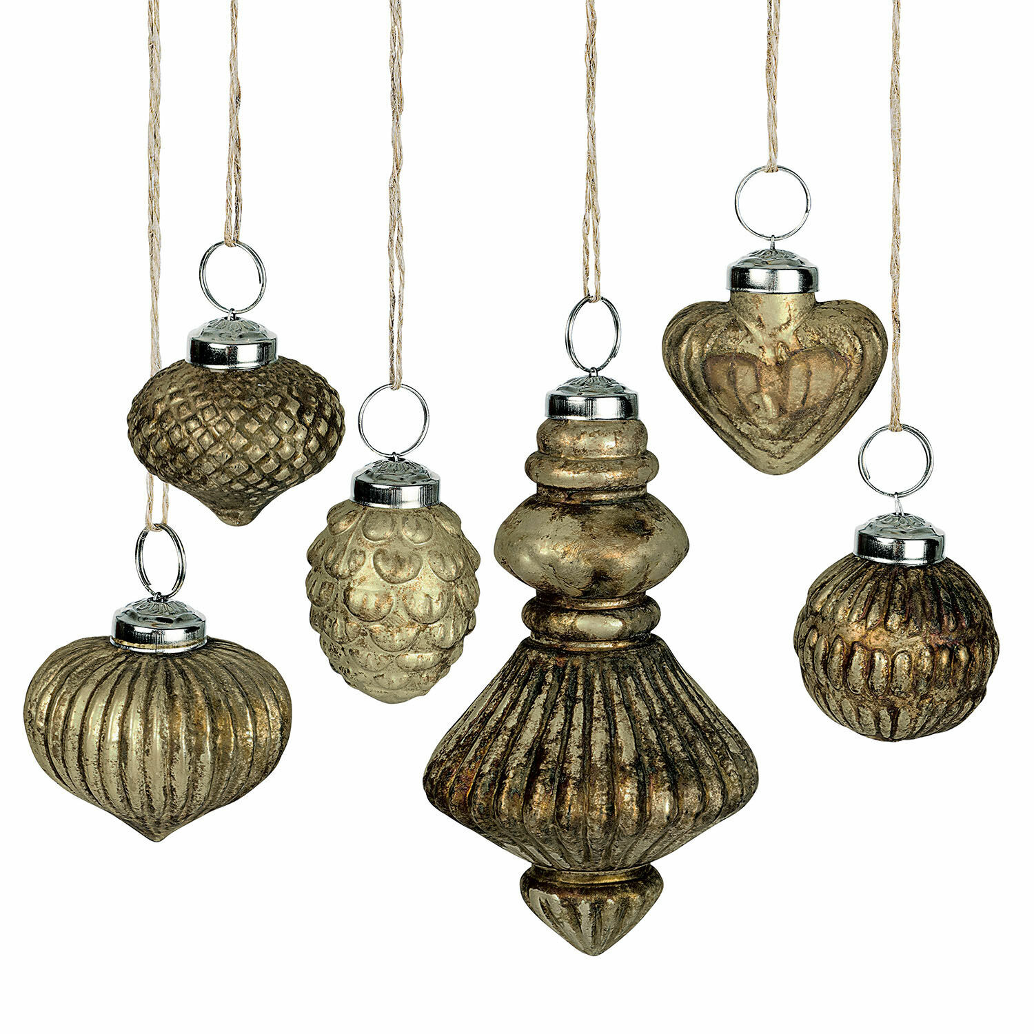 Kerstversiering set van 6 Ménoire Set van zes gouden kerstversieringen met verschillende texturen en vormen voor feestelijke decoratie