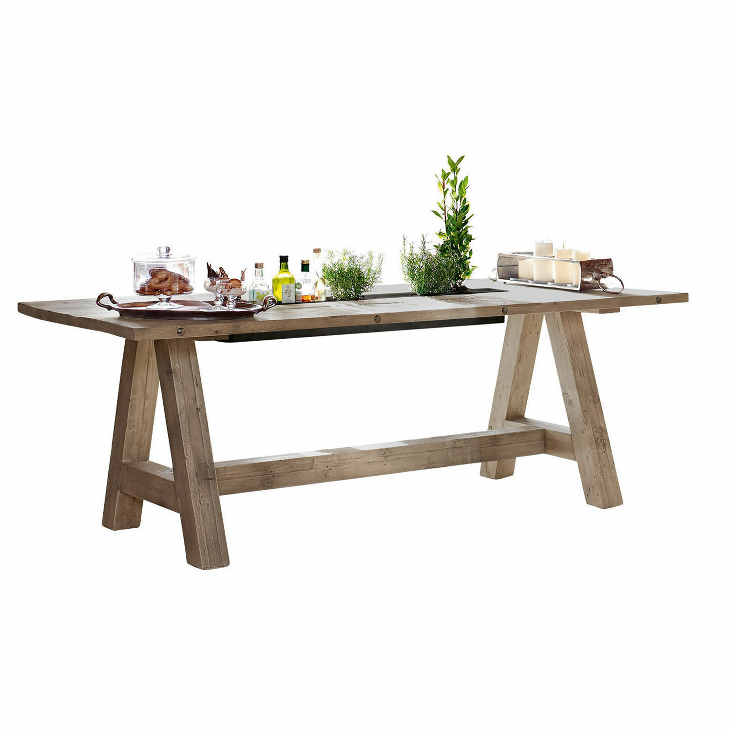 Tafel Berrien Eettafel van natuurlijk gekleurd hout met decoratieve planten en kaarsen op het blad