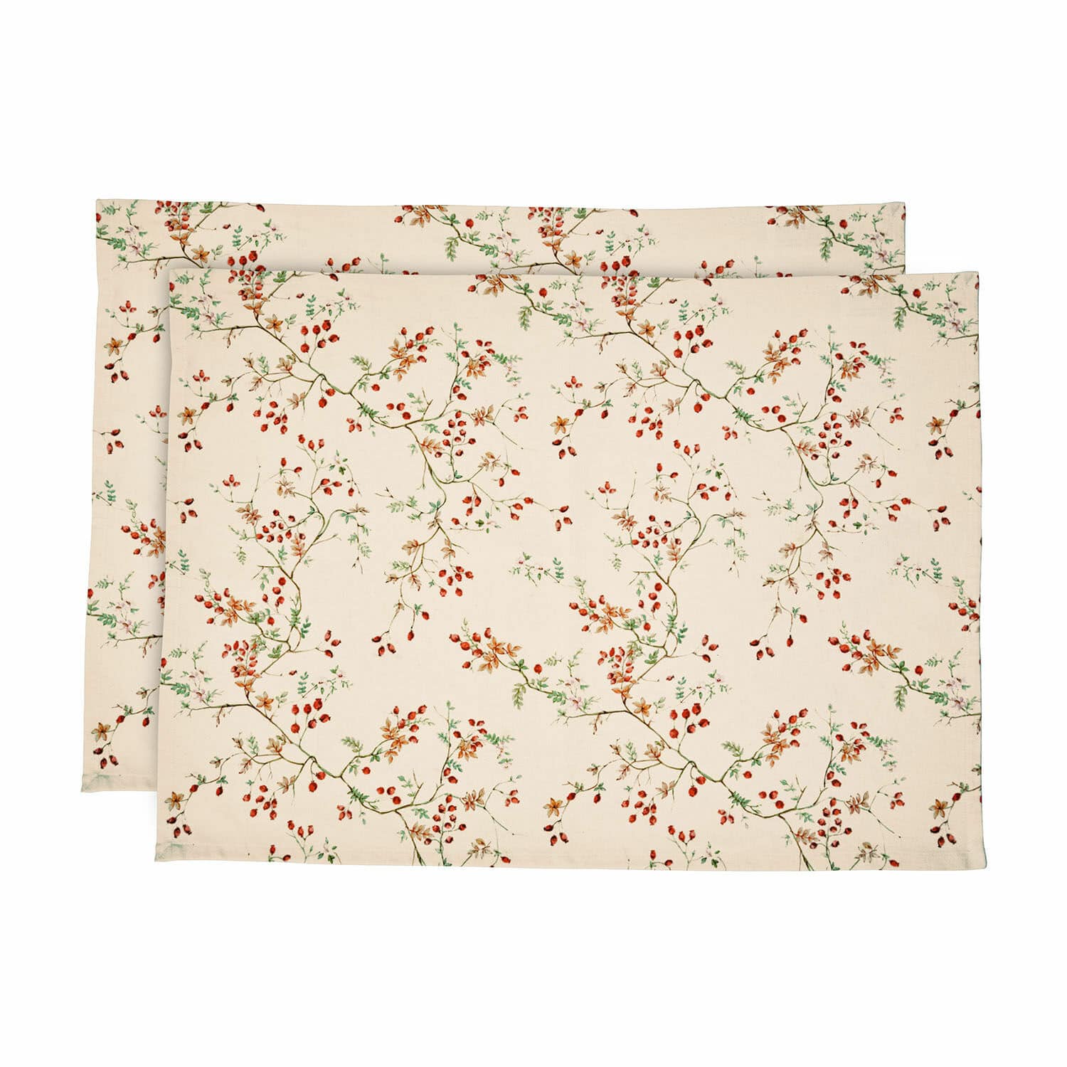Theedoek set van 2 Mauriac Set van twee katoenen placemats in crème met rood bessendessin en groene takken voor op tafel