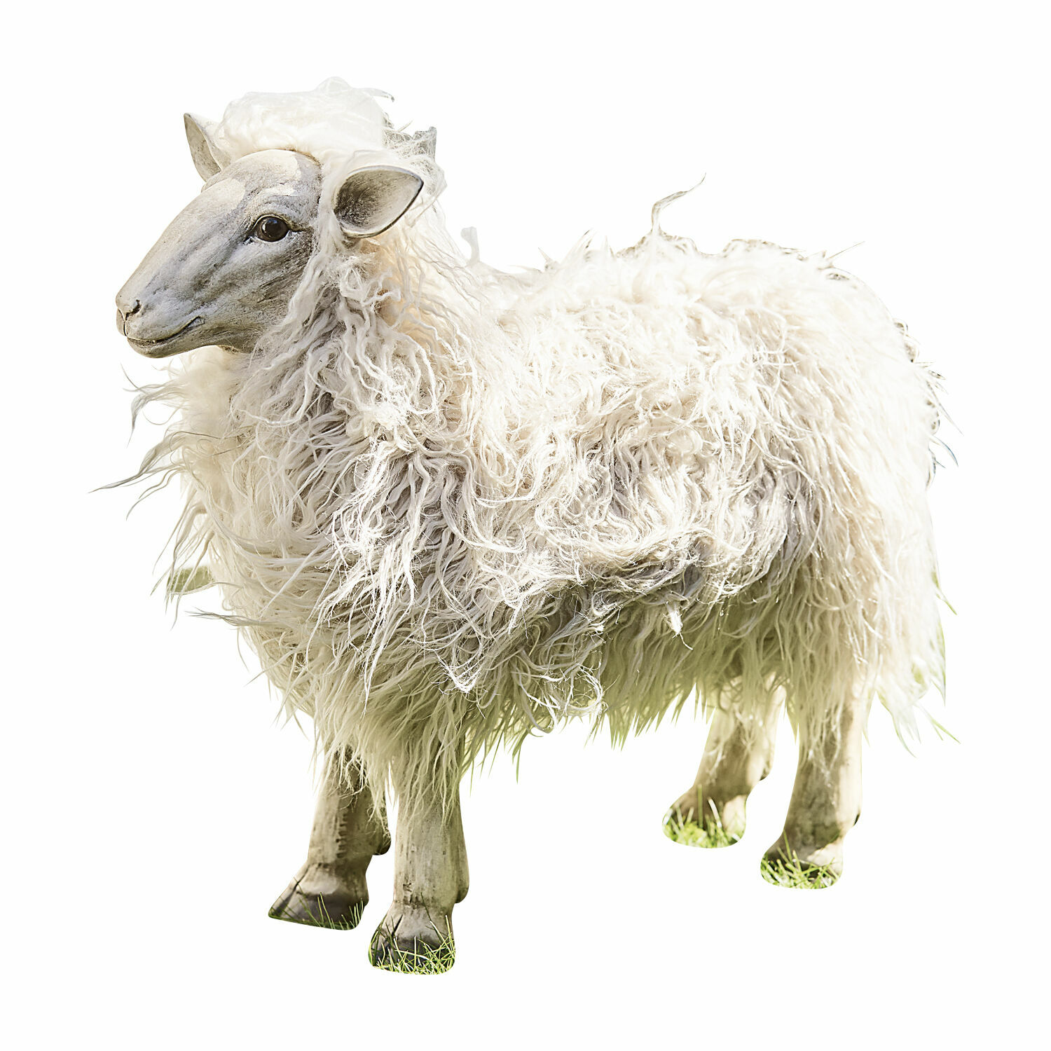 Decoratief schaap Justin Decoratief schaapfiguur met witte, krullende vacht op groen gras voor interieurdecoratie