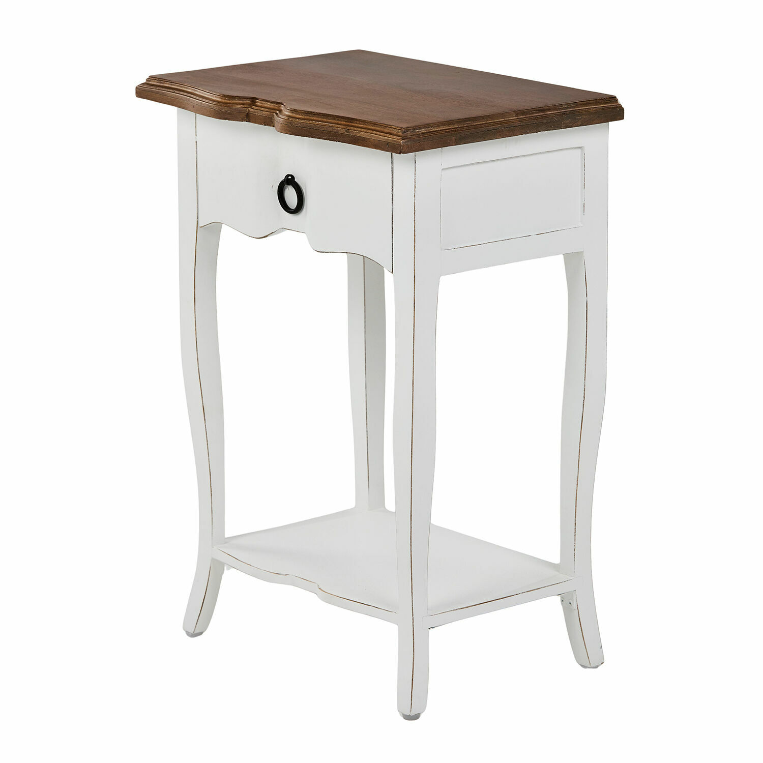 Bijzettafel Finstock Witte houten bijzettafel met bruin blad en plank, vintage meubel voor woonkamer