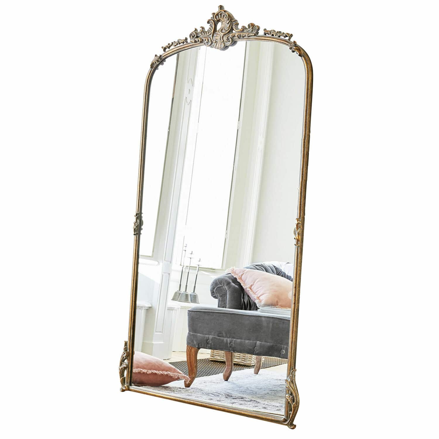 Grote staande spiegel met sierlijke gouden lijst, vintage stijl voor woonkamer