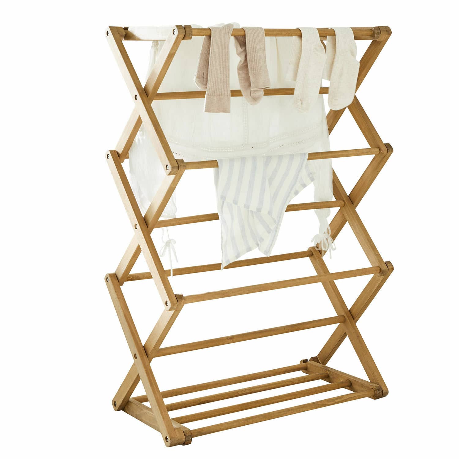 Wasrek Elodielle Houten inklapbare wasdroger met beige en witte kleding voor binnen drogen