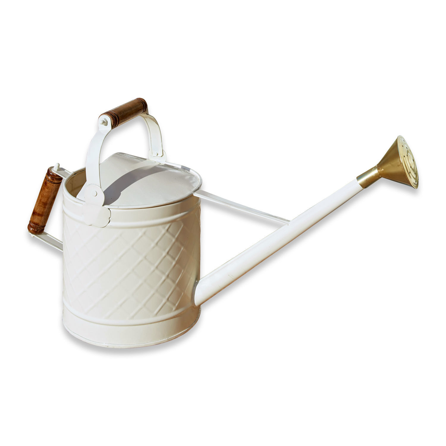 Gieter Royo Witte metalen gieter met houten handvatten en messing sproeikop voor tuinieren
