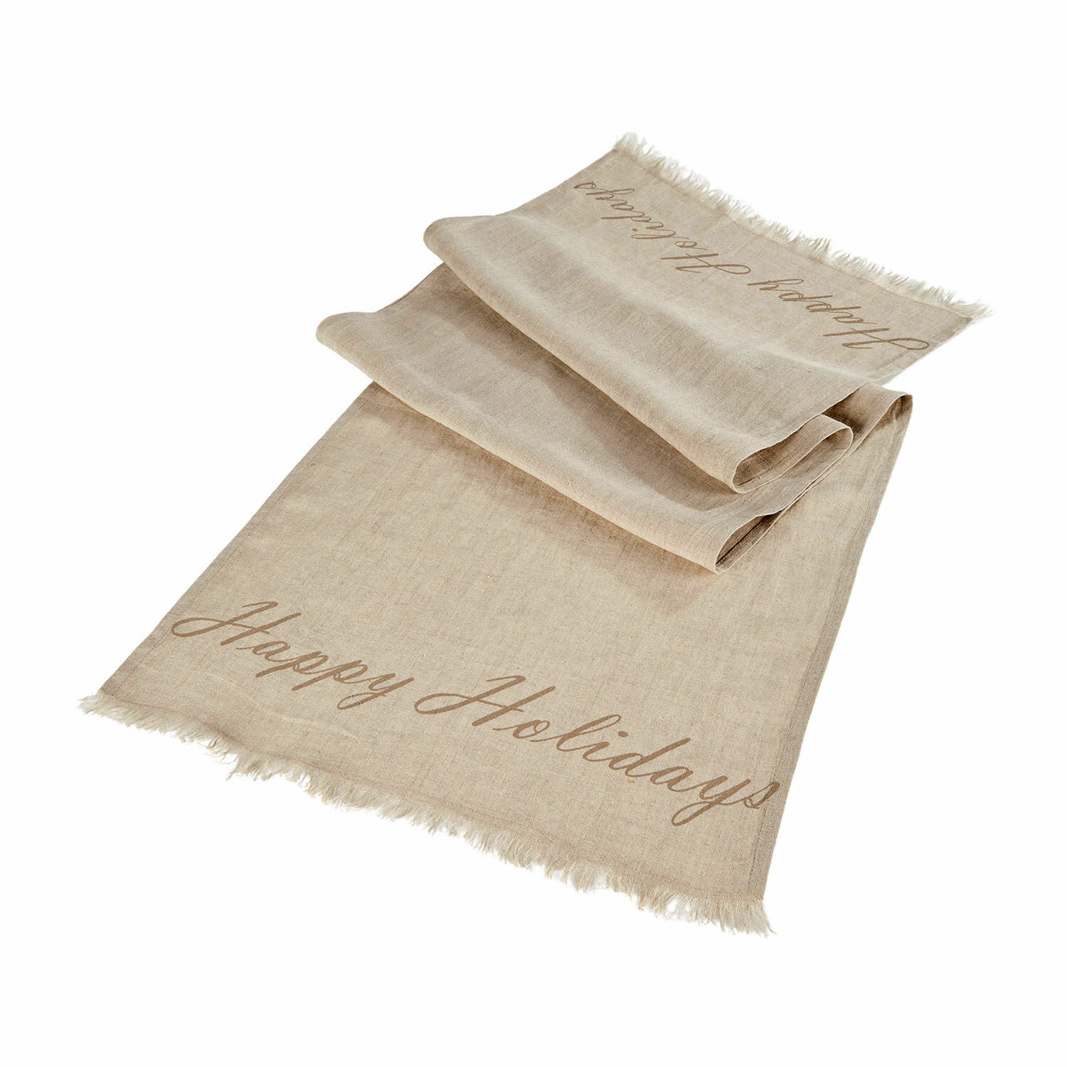Tafelloper Emilia Beige linnen tafelloper met tekst Happy Holidays en franjes, feestelijke tafelversiering