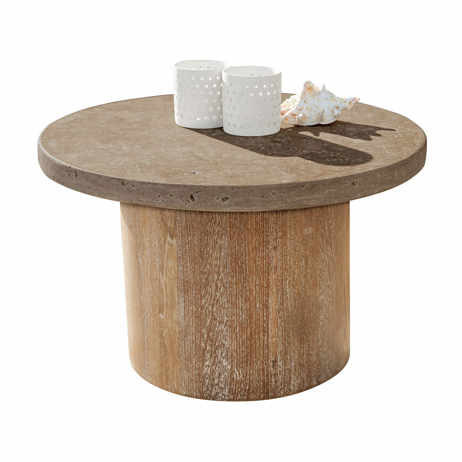Salontafel Clearwater Ronde salontafel met beige stenen blad en natuurlijke houten voet