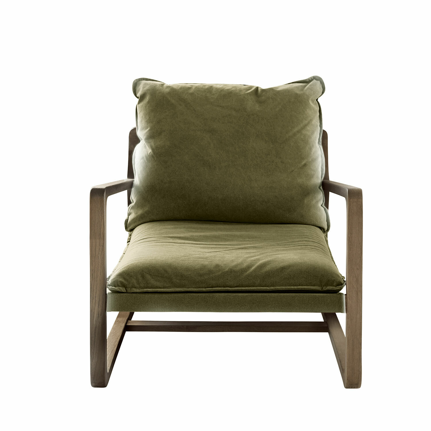 groen/bruin Fauteuil Jowna met groene stof en bruine houten frame, modern en comfortabel ontwerp