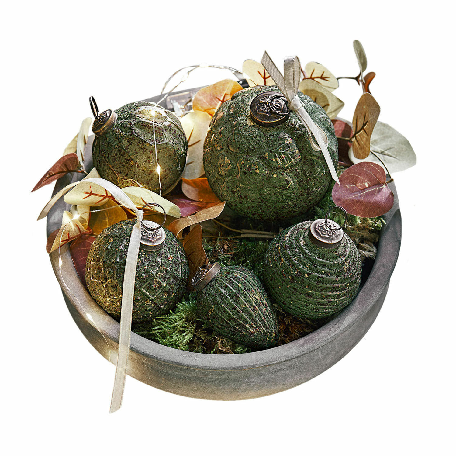 Kerstversiering set van 6 Moriches Groene kerstdecoratie met keramische ballen en kunstbladeren in een grijze schaal