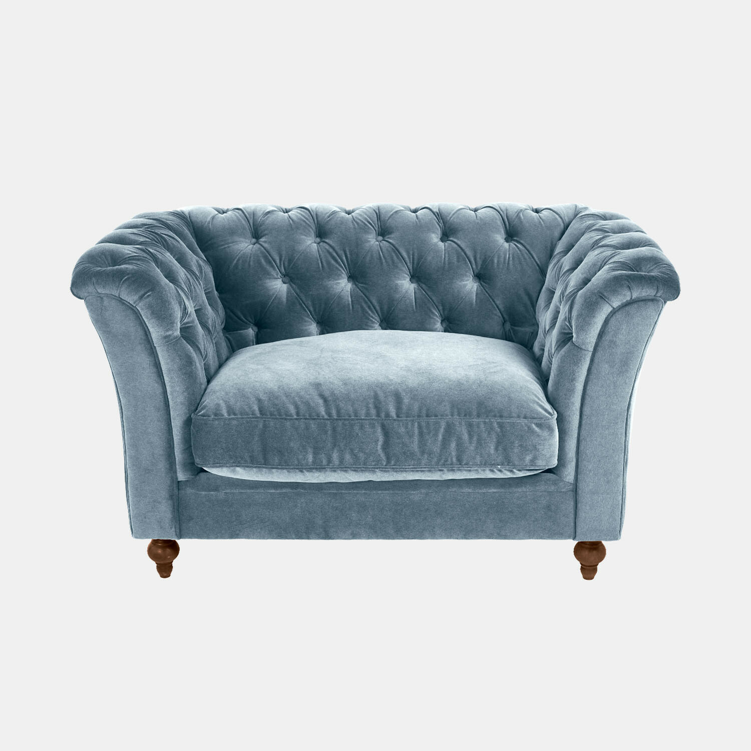 blauw Blauwe fluwelen bank met doorgestikte rugleuning en houten poten, comfortabele woonkamermeubel