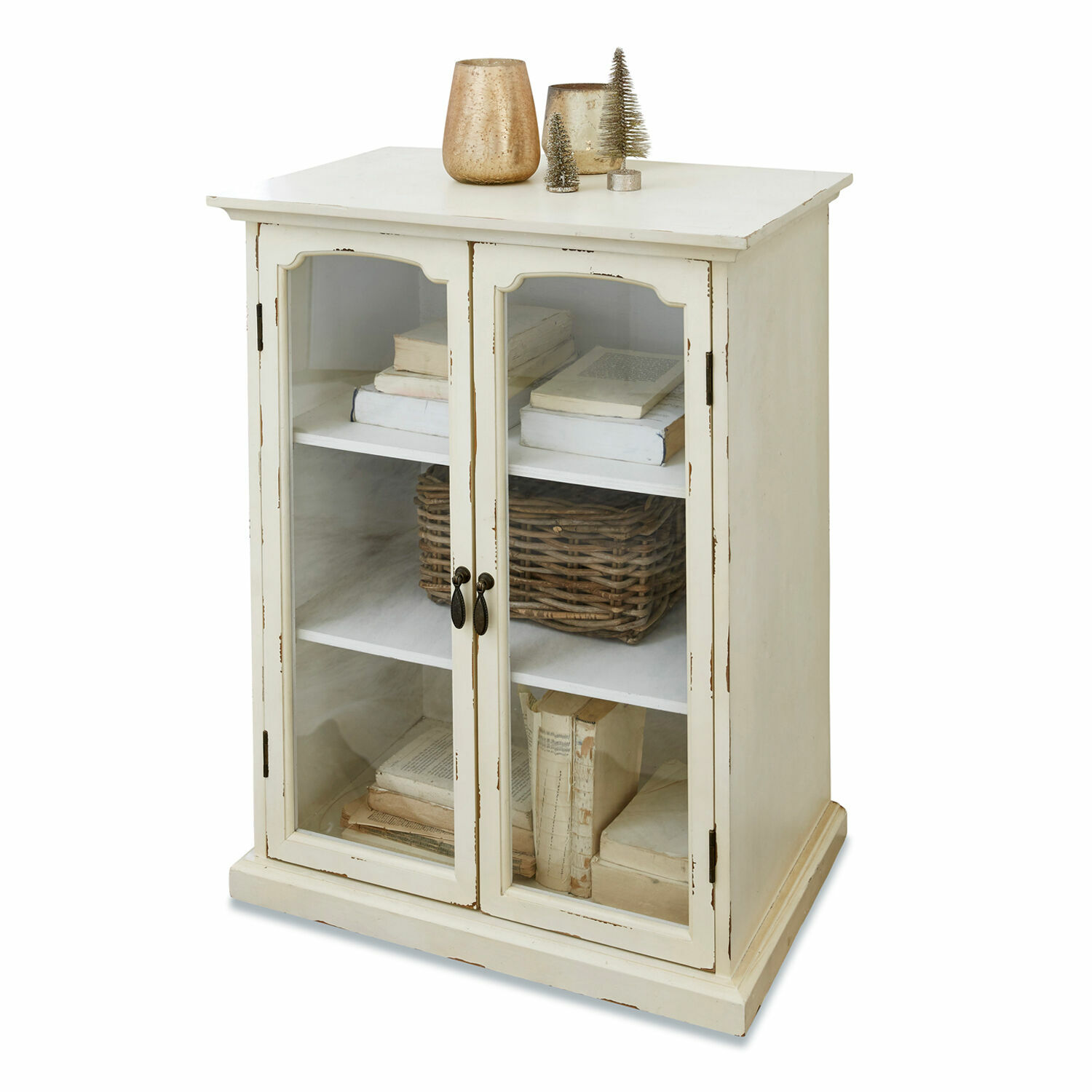 Buffetkast Greve Witte houten kast met glazen deuren en planken voor boeken en decoratie