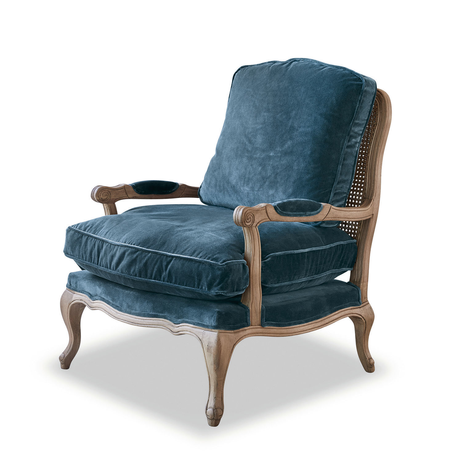 Fauteuil Corlay Elegante stoel met houten frame en zachte blauwe fluwelen kussens voor stijlvolle woonkamer