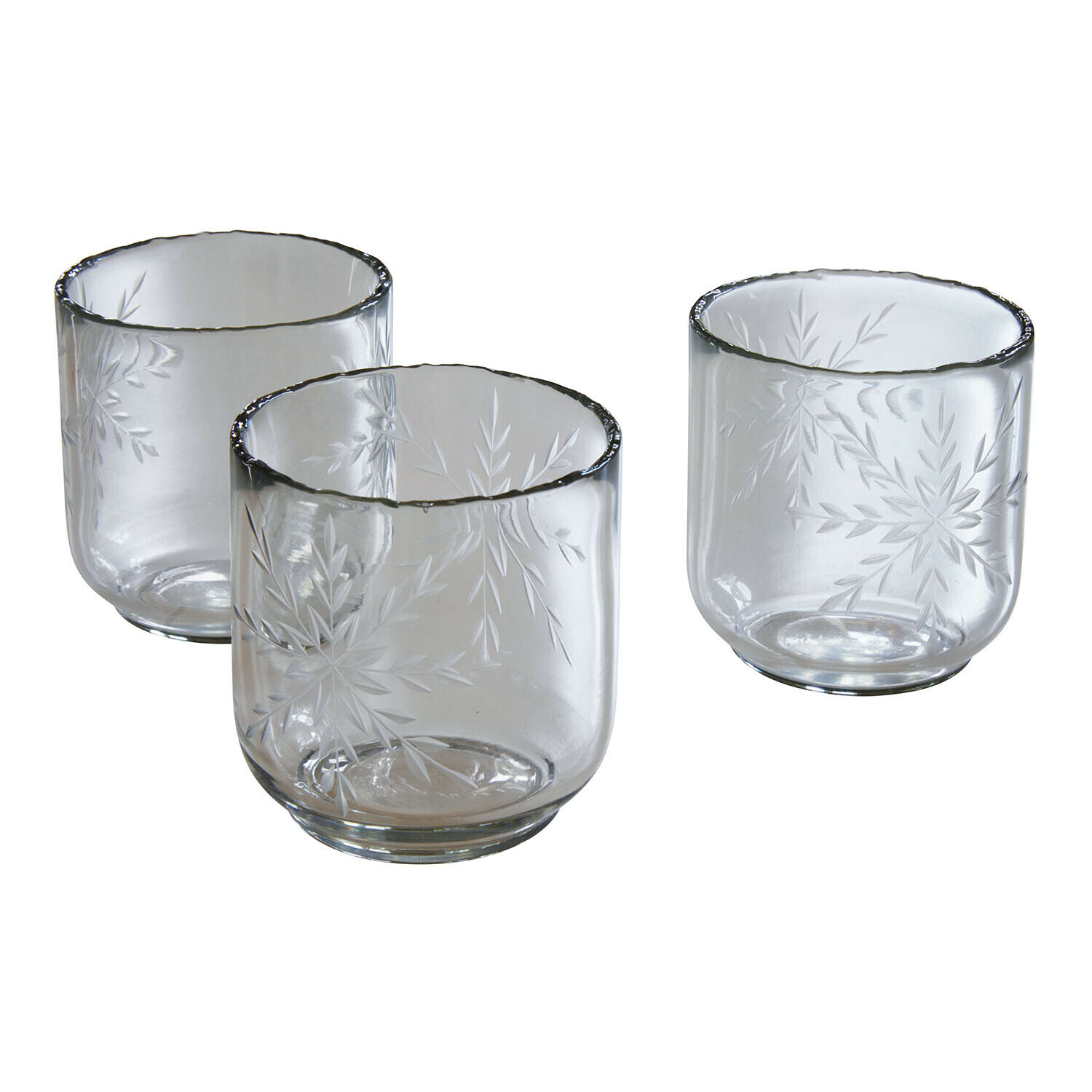 Windlicht set van 3 Selhild Set van drie heldere glazen met gegraveerd bladmotief van doorzichtig glas
