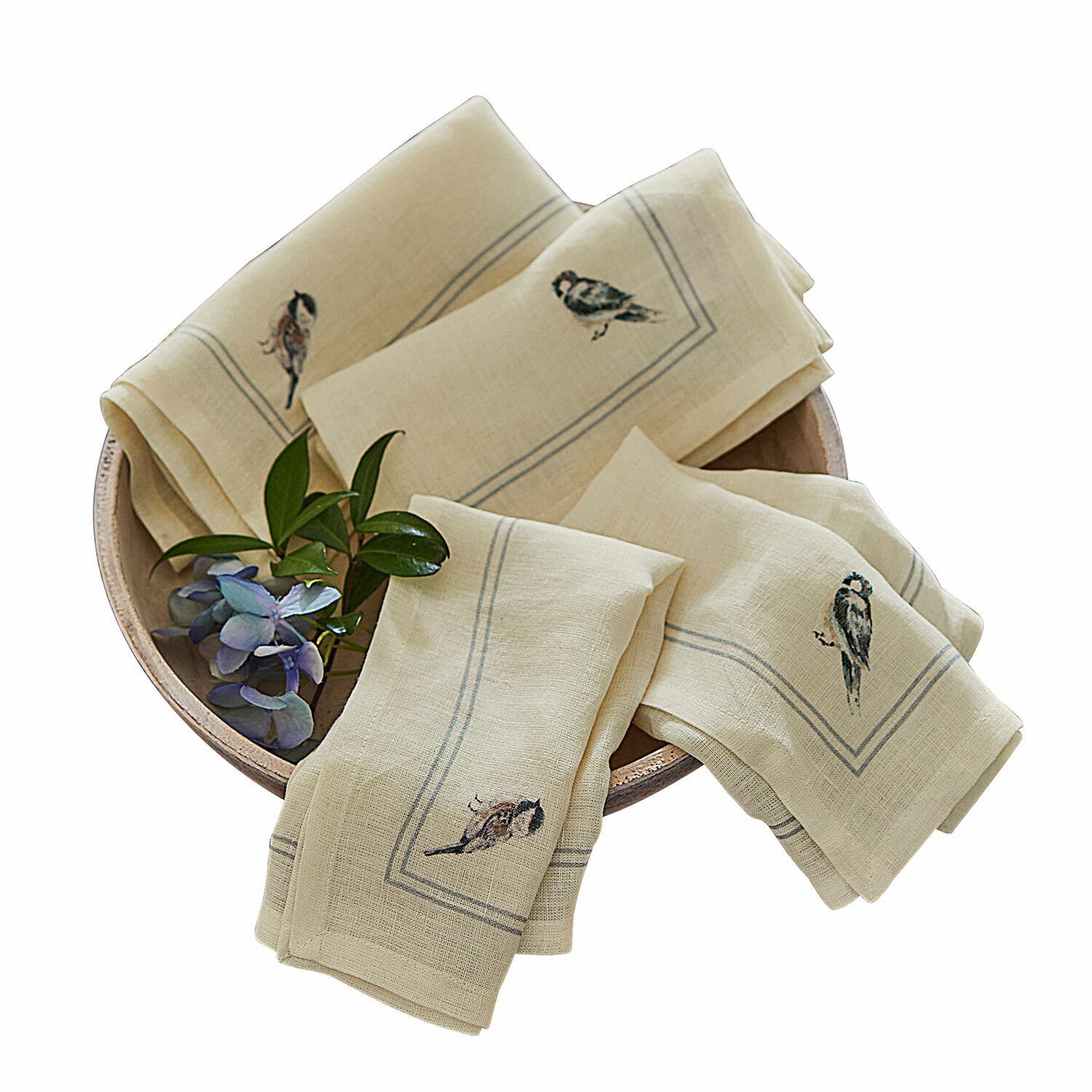 Servet set van 4 Taralga Linnen crèmekleurige servetten met vogelmotief, decoratieve textiel voor eetkamer