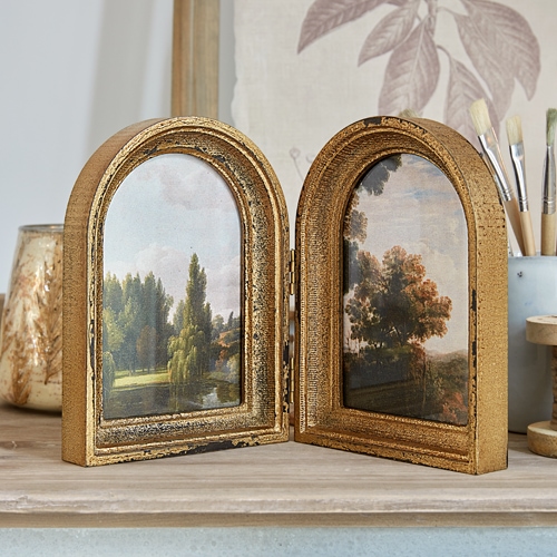 Gouden tweedelige fotolijst met landschap, vintage tafeldecoratie