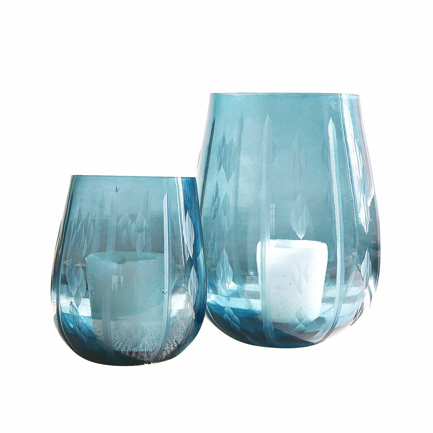 Windlicht set van 2 Danisar Twee blauwe glazen theelichthouders met gegraveerd bladmotief, interieurdecoratie