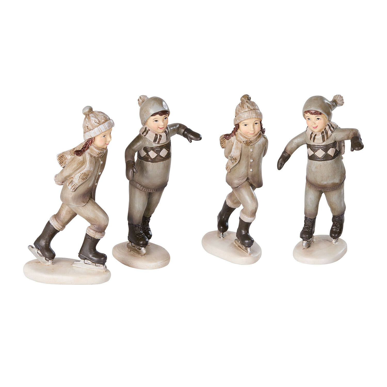 Figuurtje set van 4 Mériot Keramische figuren van kinderen op schaatsen in beige-bruin winterkleding, winterdecoratie