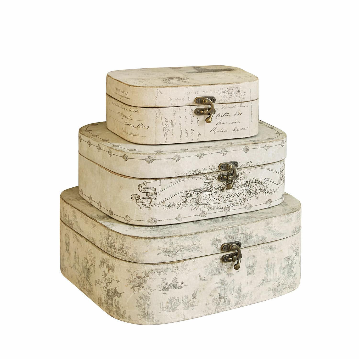 Set van drie crèmekleurige decoratieve dozen met metalen sluitingen en vintage patronen voor opslag