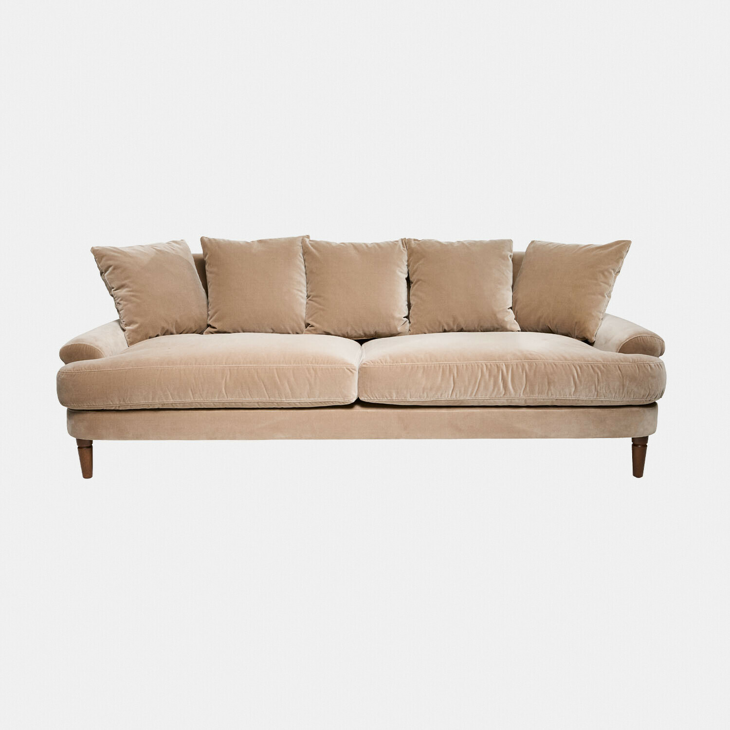 Beige Rivermere bank van zachte stof met kussens, comfortabel voor woonkamer en ontspanning