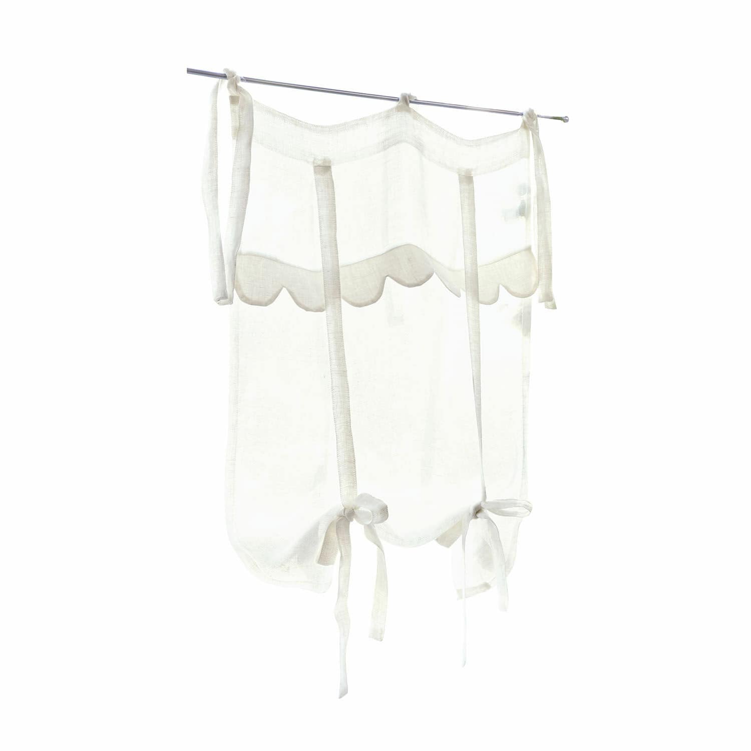 Witte linnen vitrage met golvende rand en strikjes, decoratief gordijn voor keuken of woonkamer