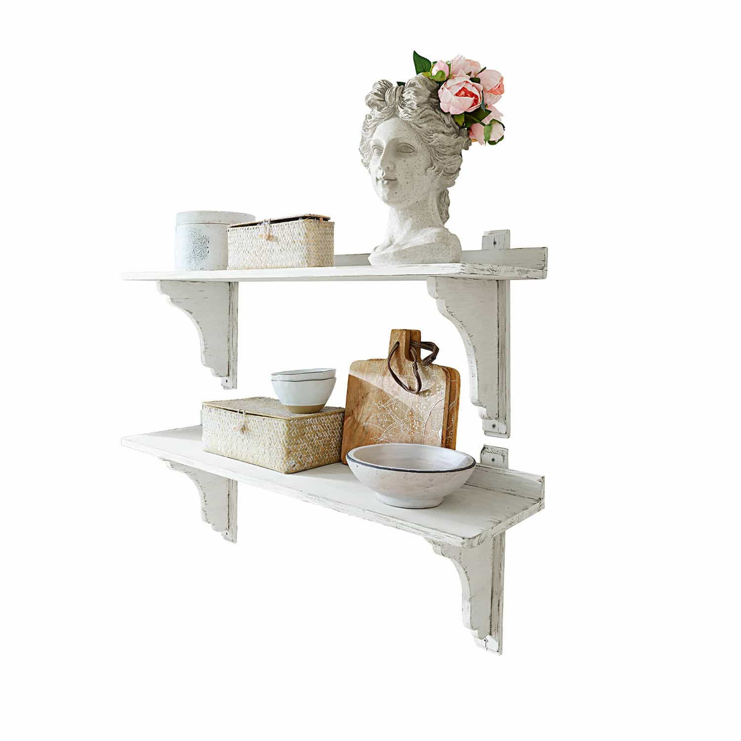 Wandplank set van 2 Yvelique Witte houten wandplanken met decoratieve voorwerpen en keramische kommen voor interieur.