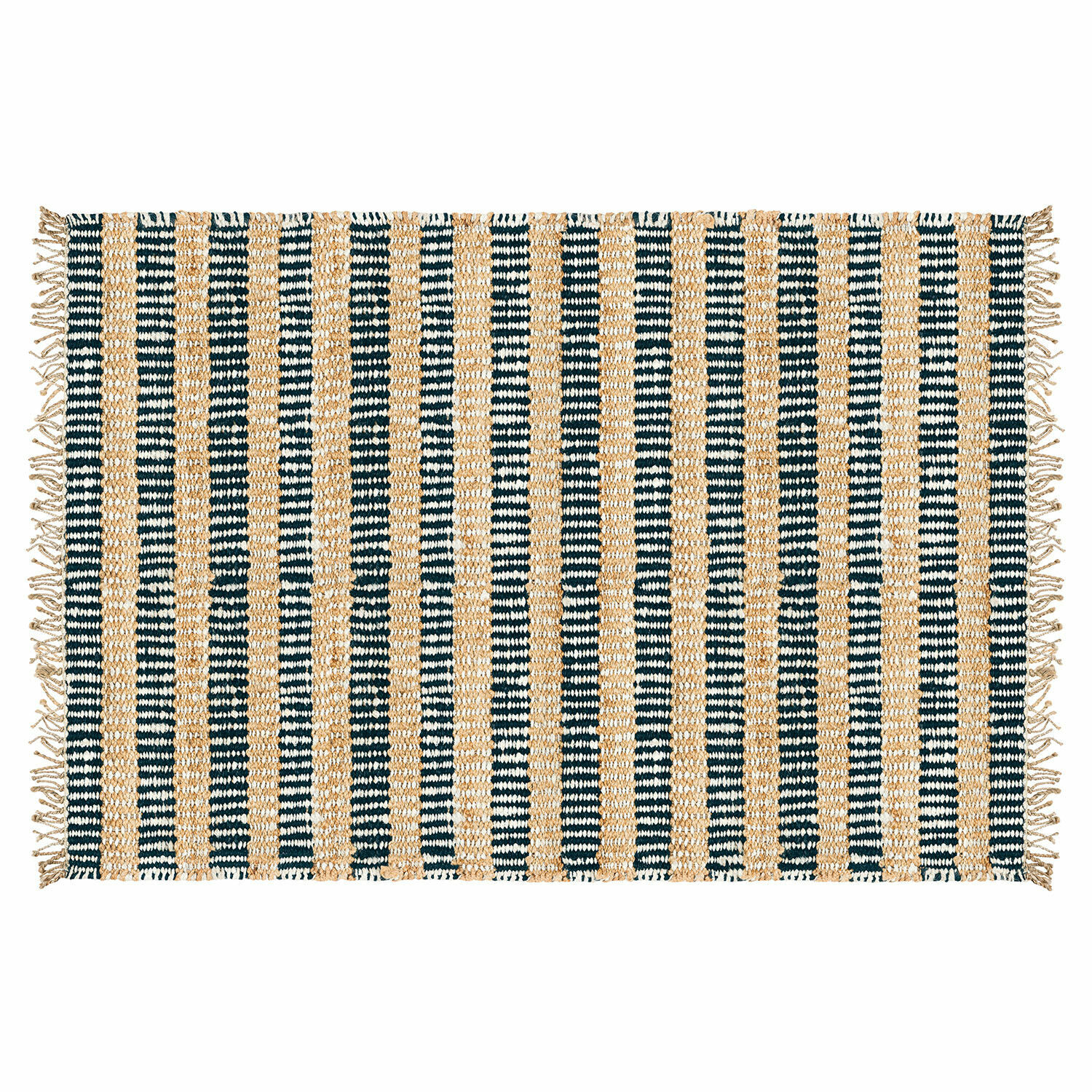 Kerava vloerkleed in beige en blauw met strepen en franjes, geweven van natuurlijke materialen, woondecoratie