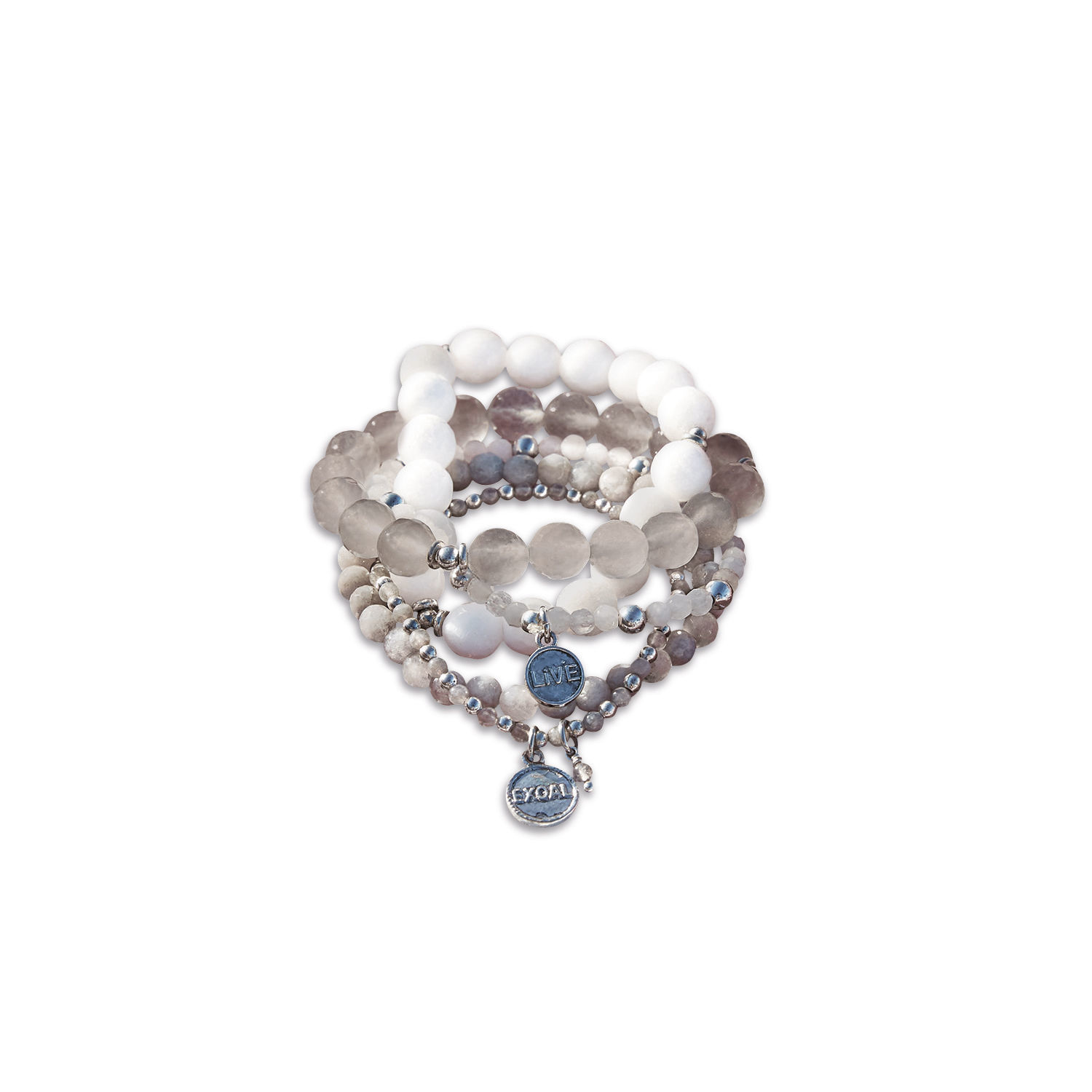 Armband set van 5 Chaim Set armbanden met witte en grijze stenen en metalen bedels met tekst