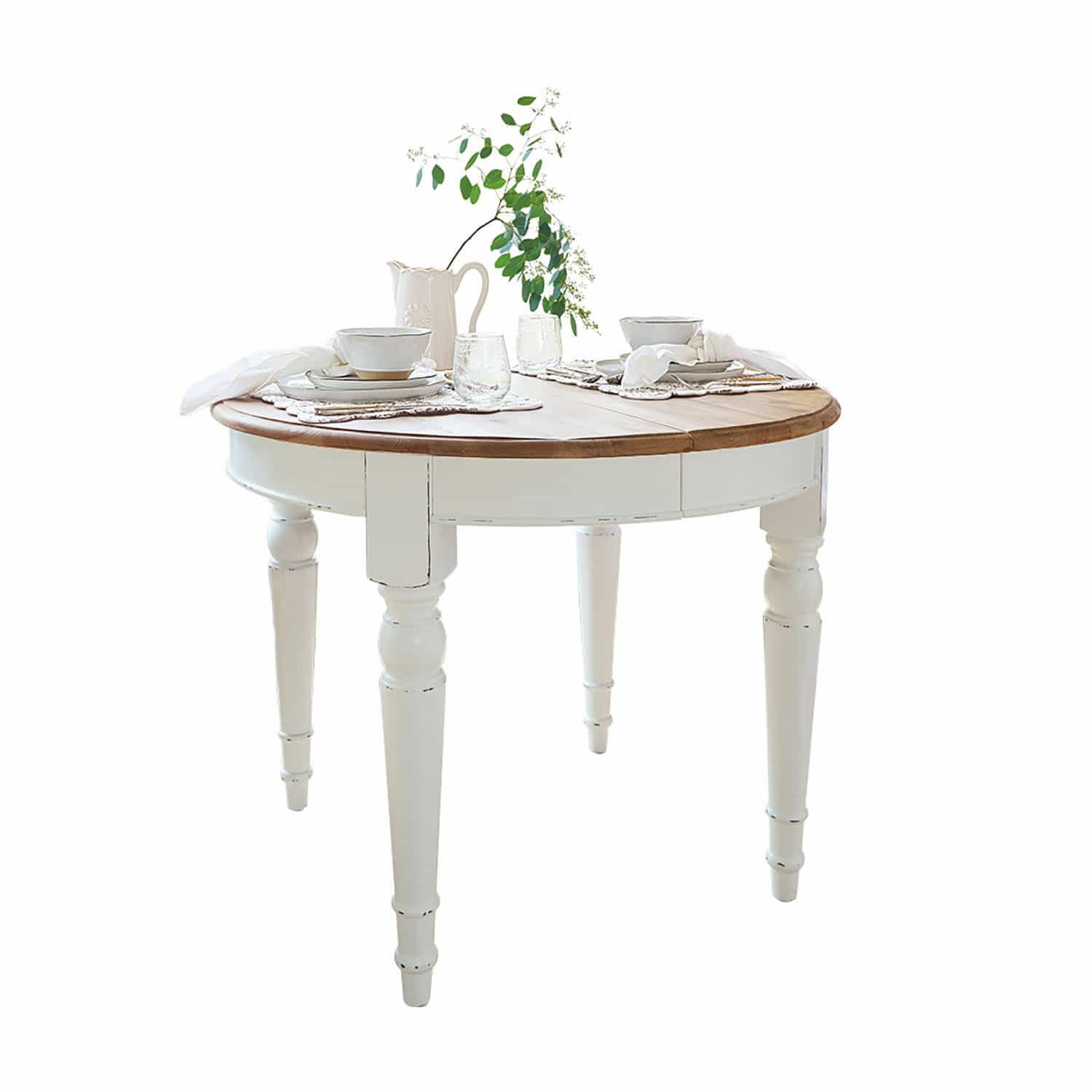 Eettafel Pinecrest Ronde houten tafel met witte onderkant en naturel blad, rustieke stijl voor eetkamer