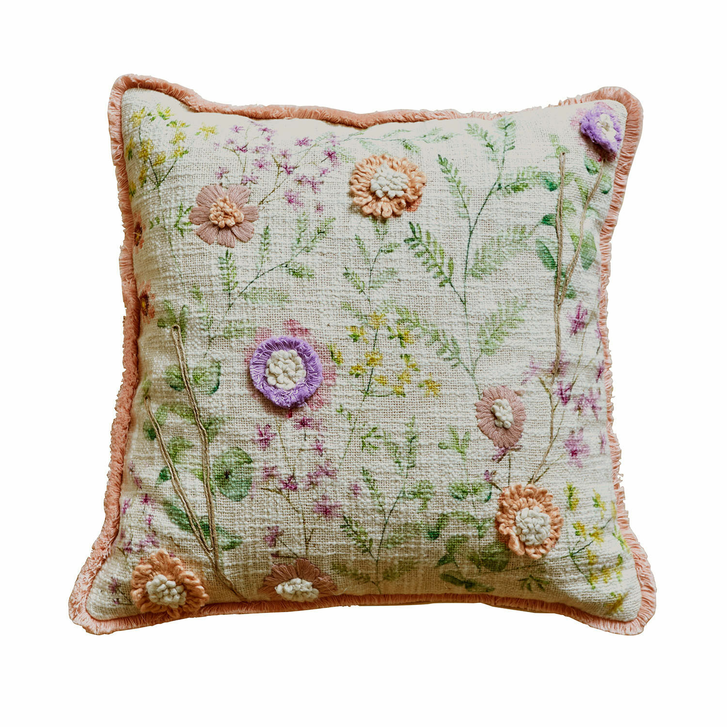 Kussenhoes Lailah Decoratief katoenen kussen met pastelkleurige bloemenborduursels en roze bies voor interieur