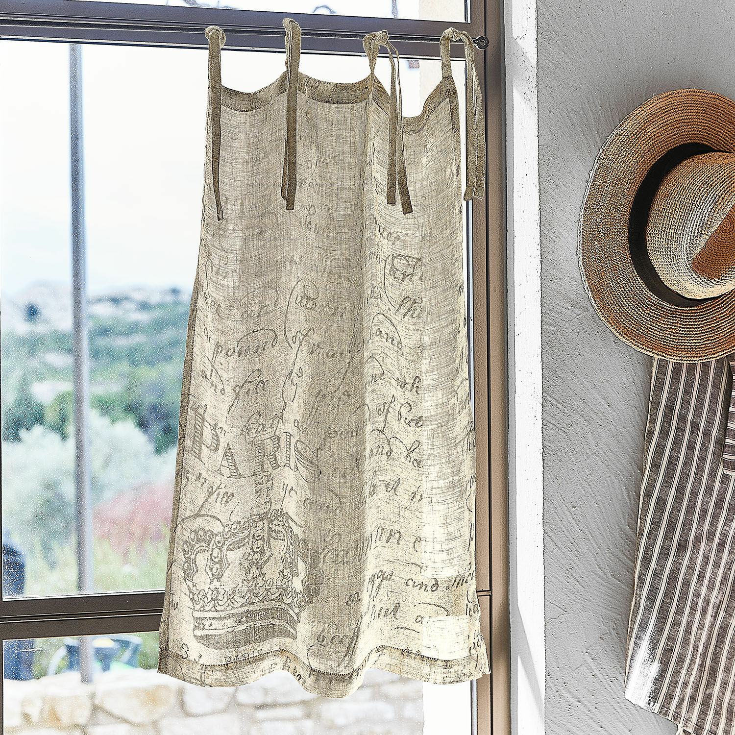 Gordijn Fleurissant Beige linnen gordijn met kroon- en Paris-opdruk, vintage raamdecoratie