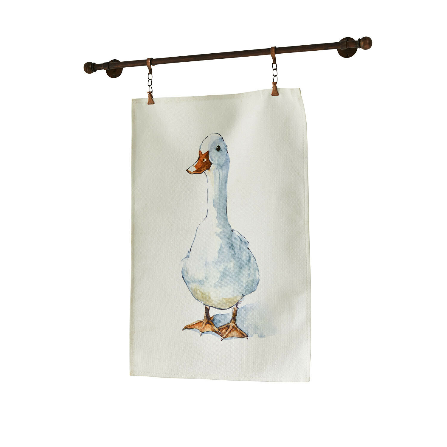 Decoratieve beige stof met witte eend print, hangend aan een metalen stang